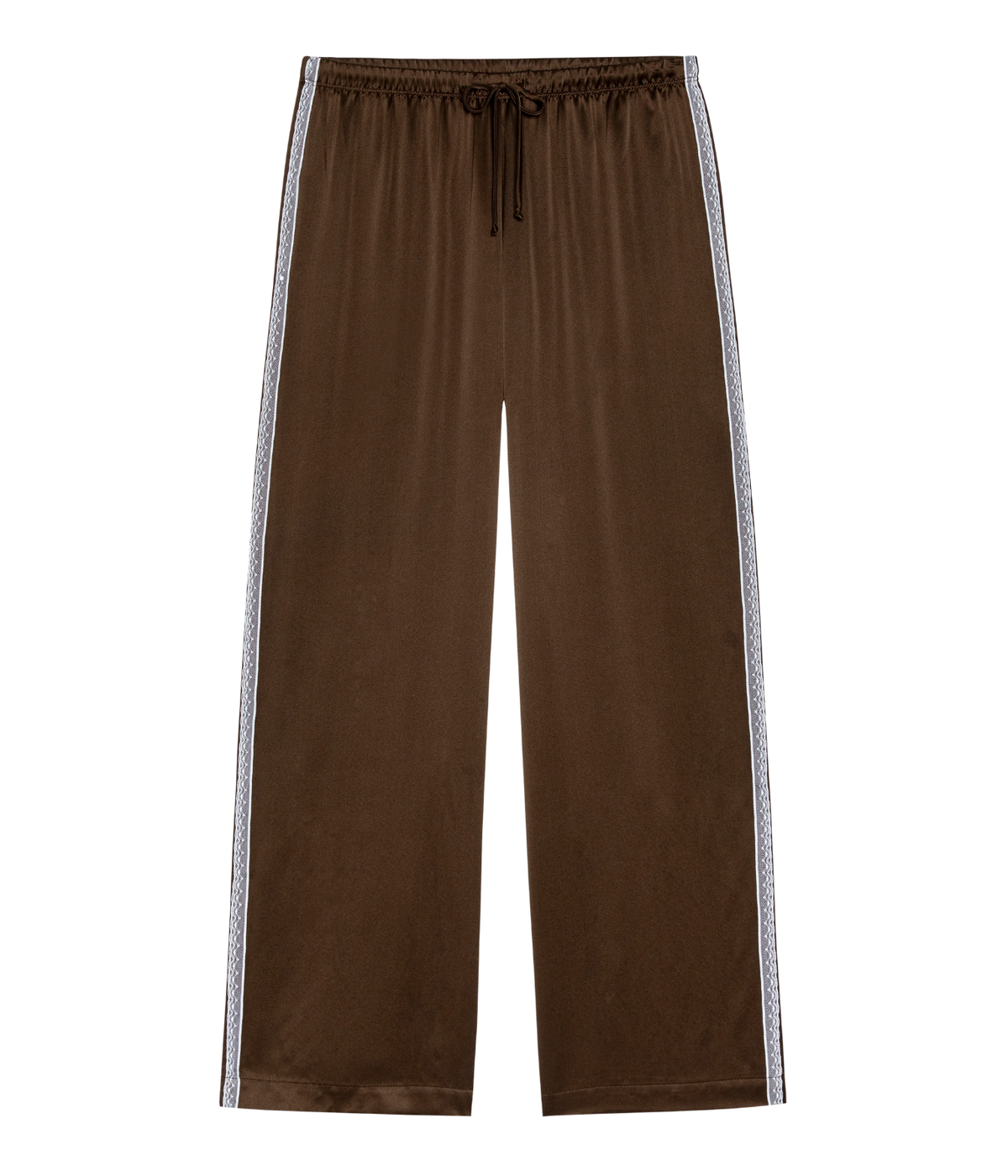 DONNI. The Silk Lace Stripe Crop Pant in Espresso laid flat, showing the drawstring elastic waist, lustrous silk finish and ivory lace trim down each side seam