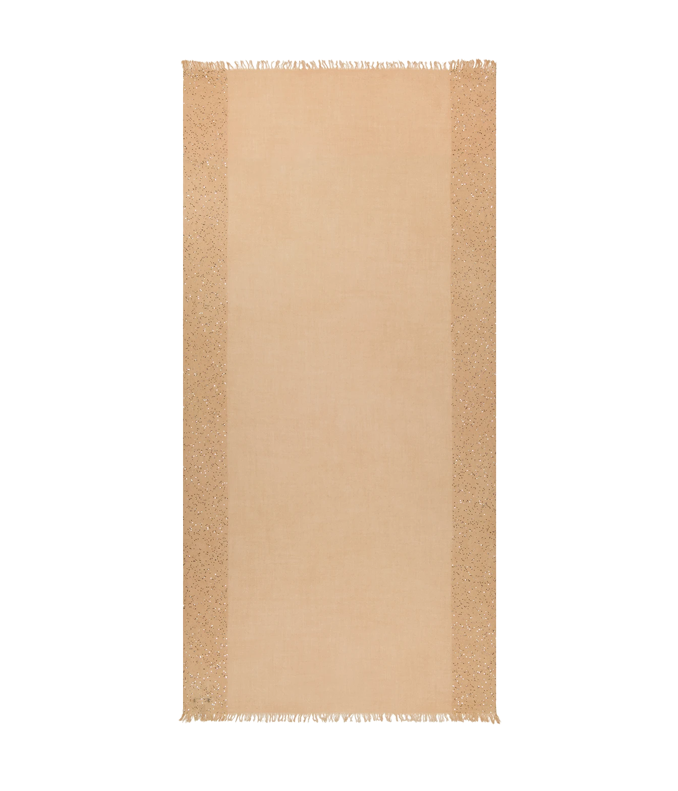 A rectangular beige rug with a wide central panel and textured, speckled tan borders with fringe on the top and bottom edges
