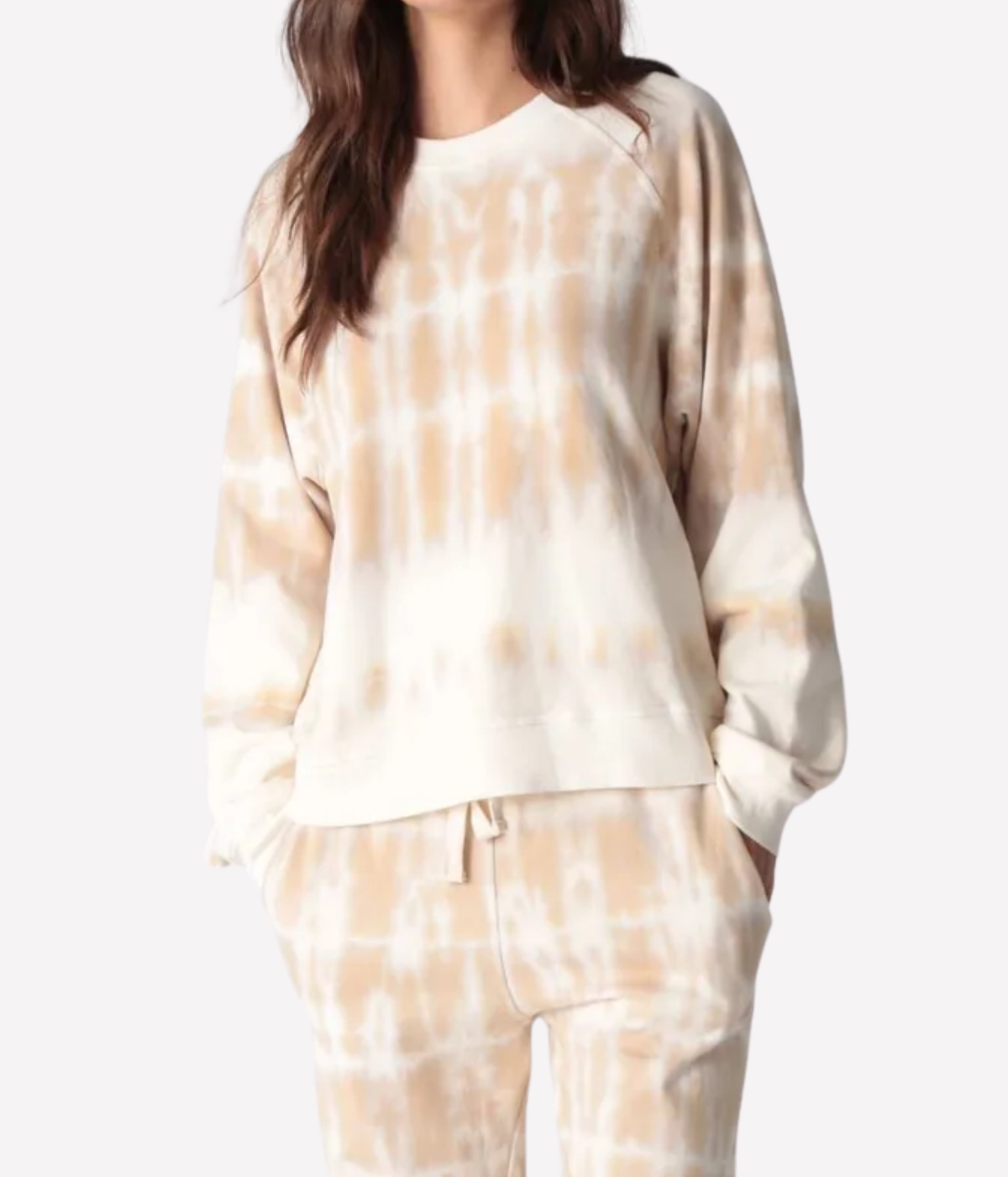 Electric & Rose - Ronan Horizon Sweatshirt in Dune Ivory - close up image of model wearing matching track set