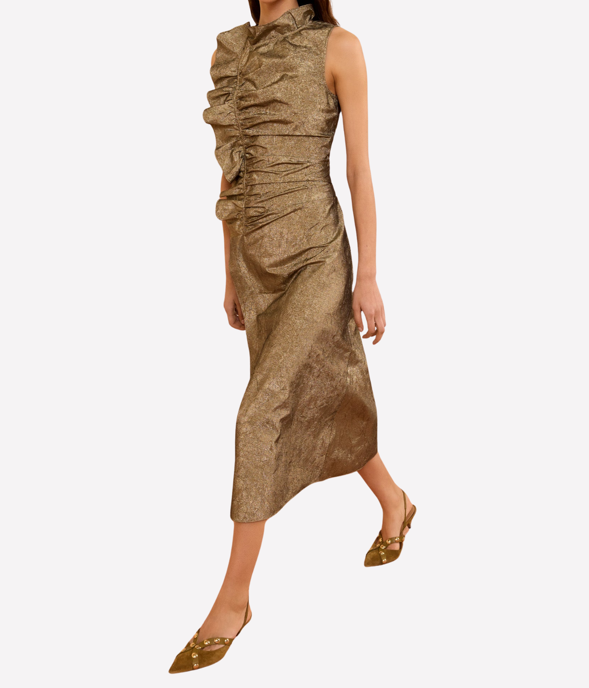 Ulla Johnson Demetria Sleeveless Taffeta Dress in Light Gold, full-length model view showing the fitted ruched bodice and flowing midi-length skirt.