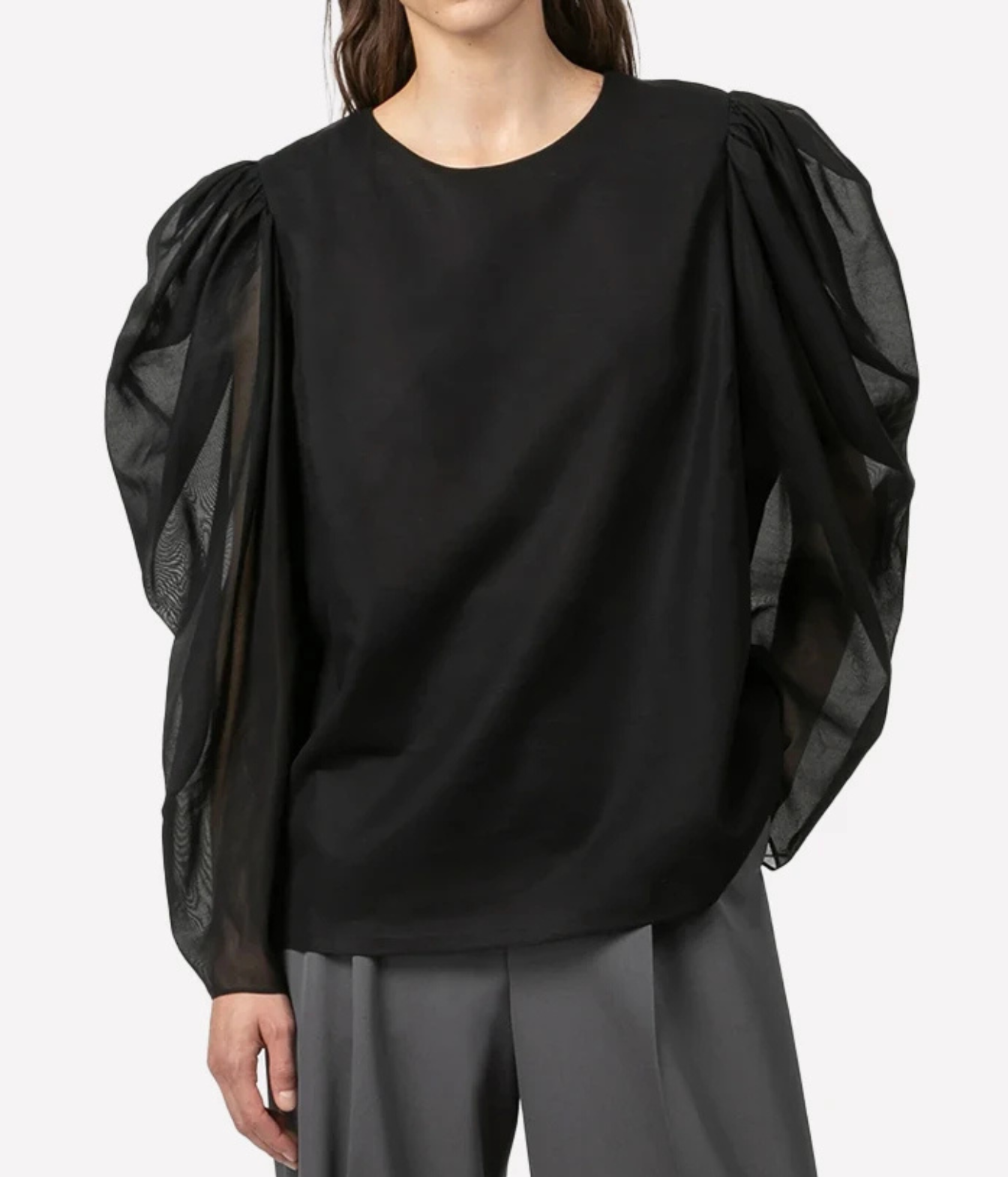 nino blouse in black by indress, dramatic puff sleeve blouse top in black