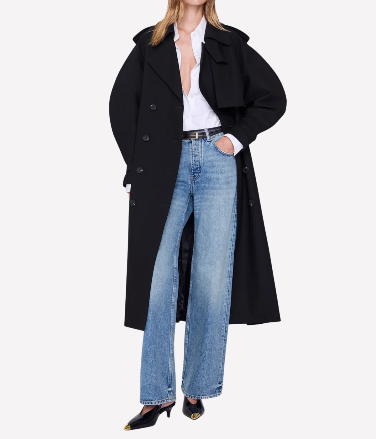 Anine Bing Pascale Maxi Trench in Black – front view on model, worn open with jeans