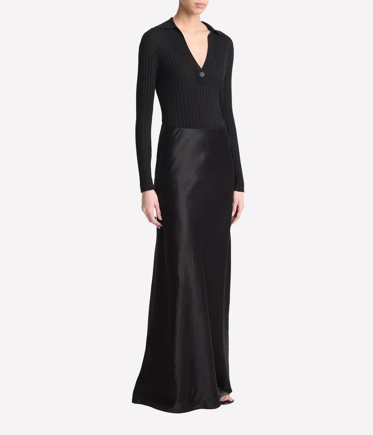 Vince black satin maxi skirt with high waist and elasticated waistband, made from sustainable Naia™ cellulosic fibre – elegant women’s occasionwear.