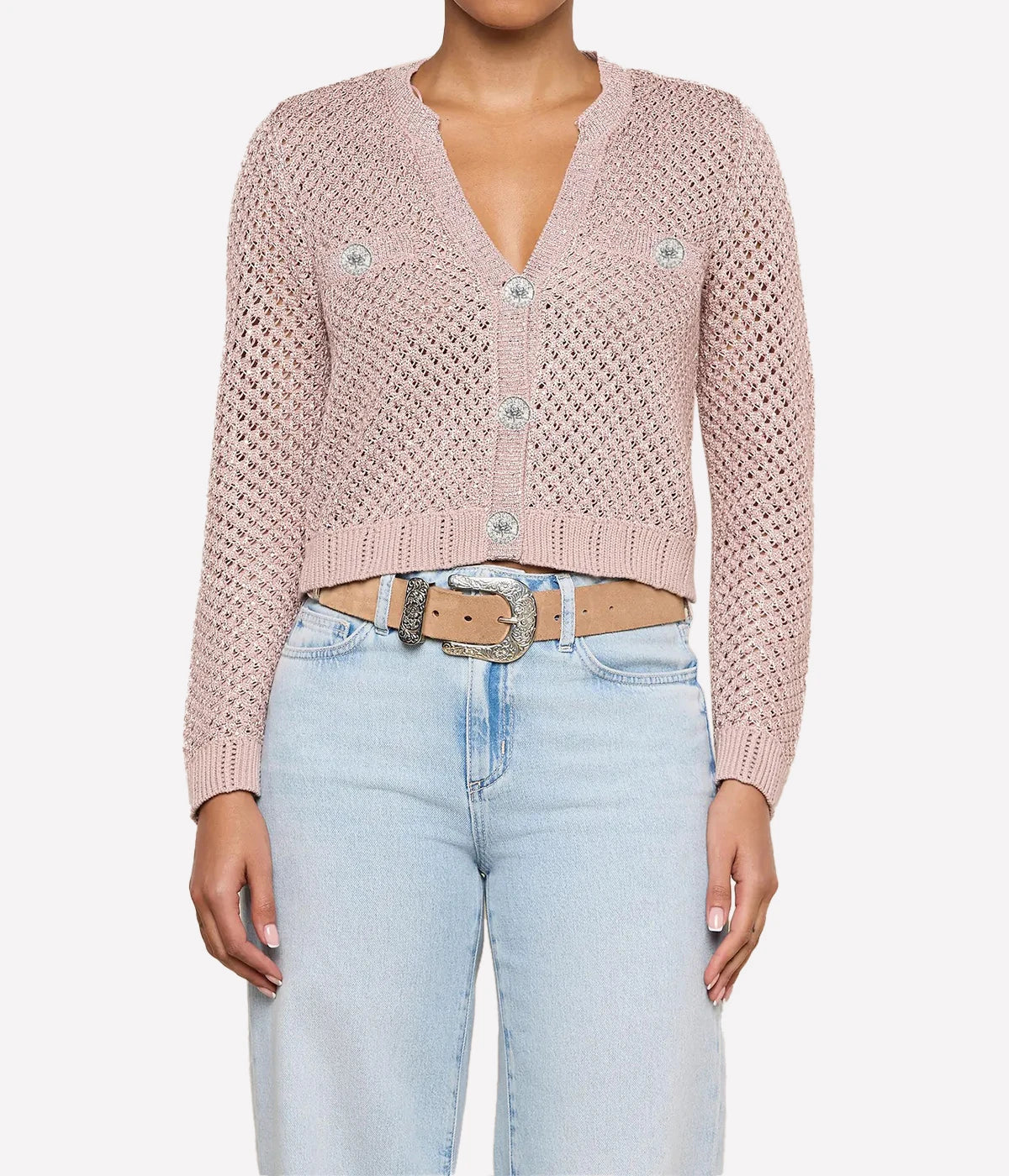Blanca Sequin Crop Cardigan in Adobe Rose