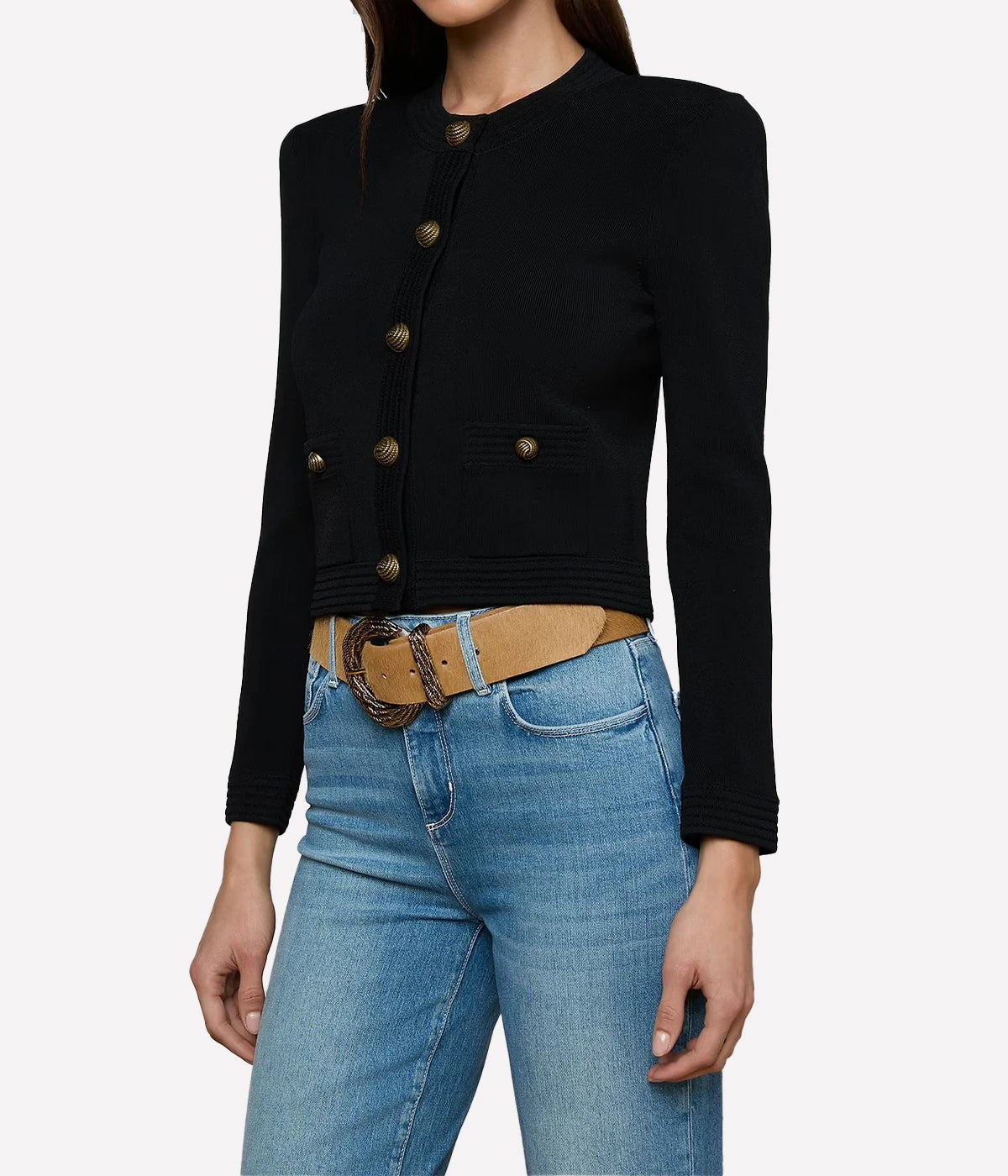 Patsy Crop Crew Cardigan in Black Gold