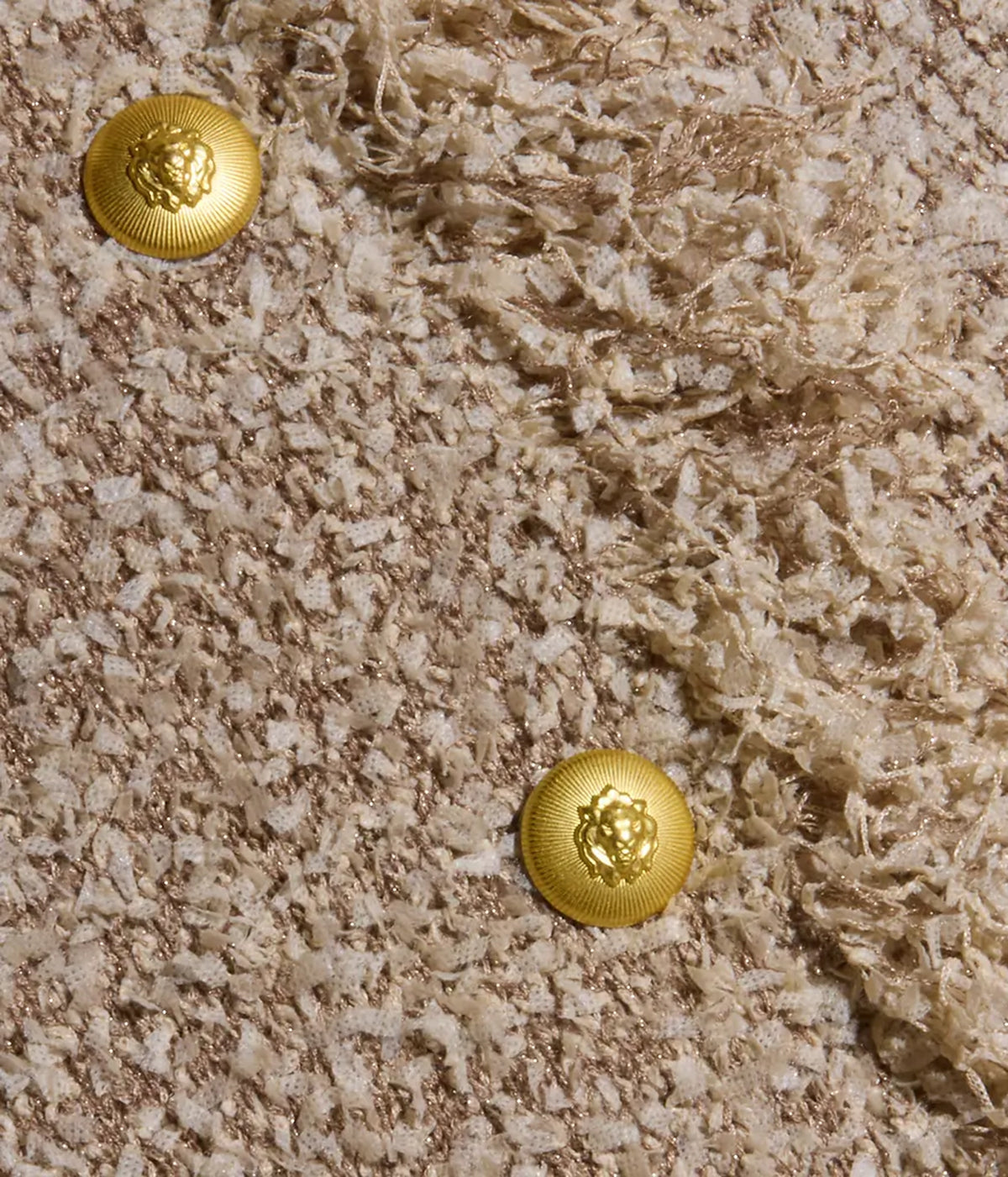 Close-up of the Mireille Fringe Cardigan’s textured beige confetti knit fabric, featuring two shiny gold lion’s head buttons and diagonal sections of smooth and fringed detailing.