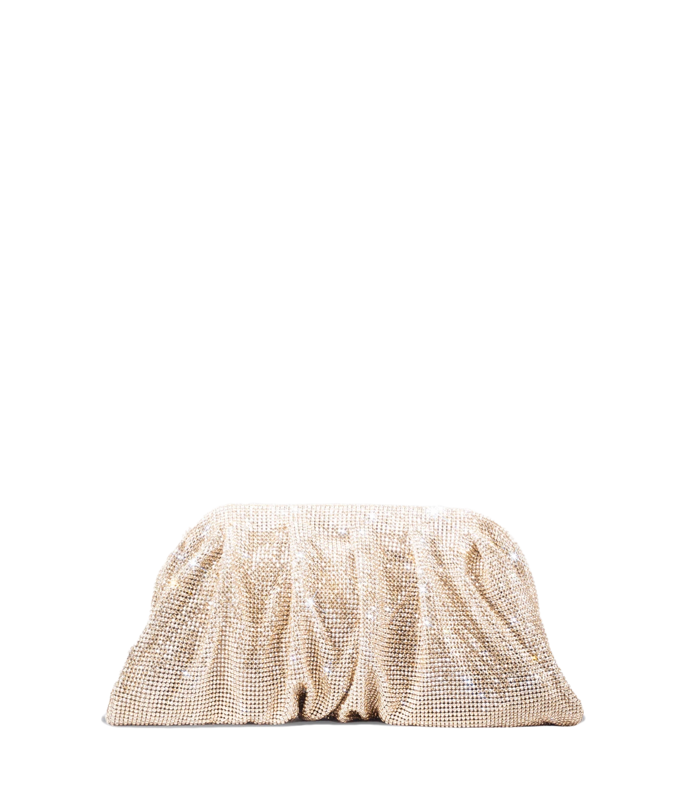 A gold rhinestone-embellished clutch bag with a gathered, pleated texture, shown against a plain white background.