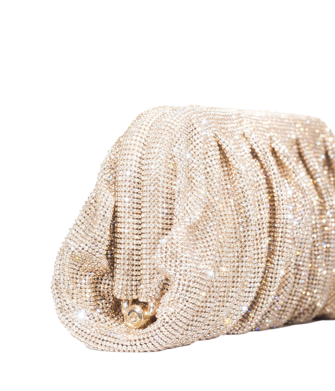 A close-up of a champagne gold rhinestone-embellished clutch purse with a gathered, pleated texture and a small gold clasp, set against a plain white background.