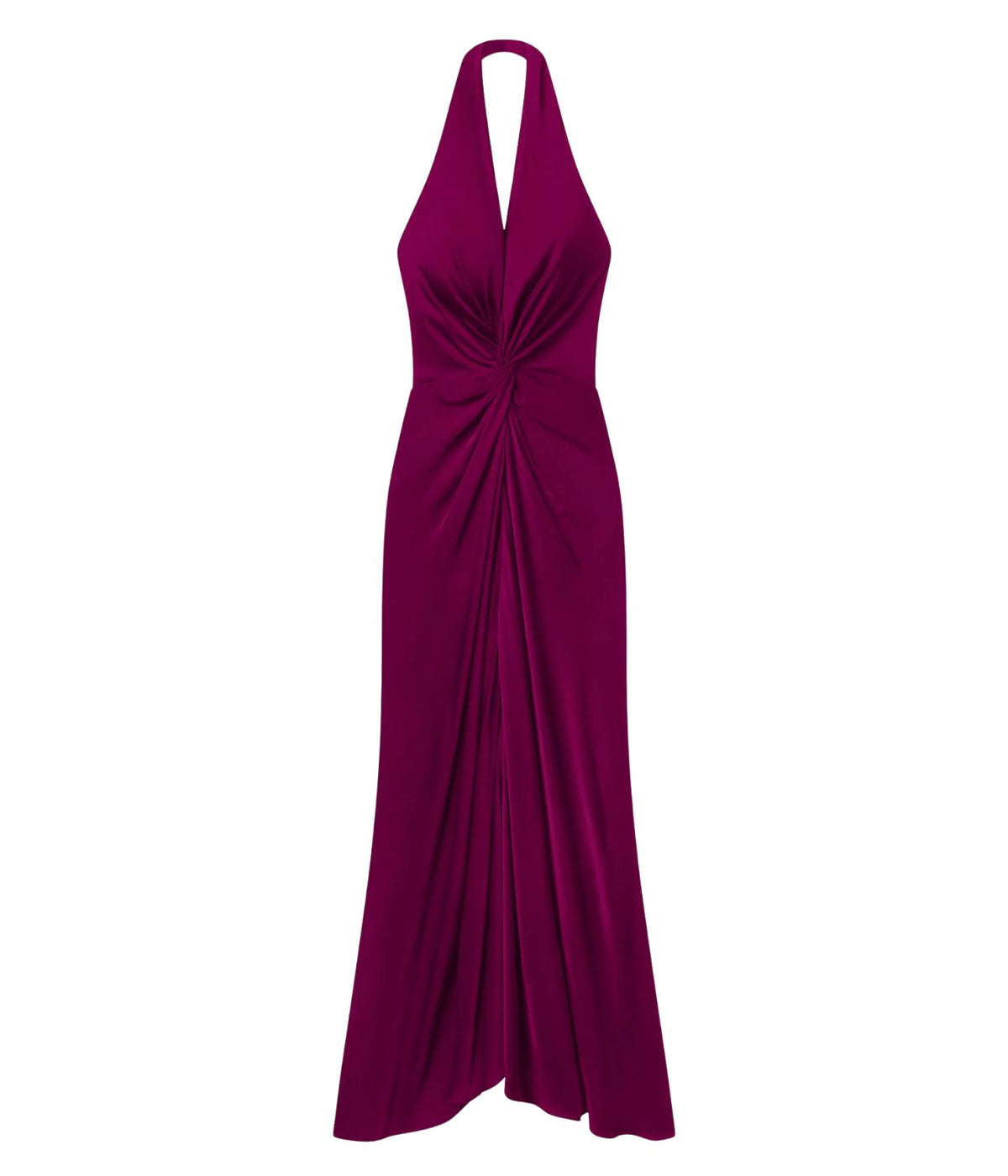 Front product view of A.L.C. Mabel Satin Gown in Jewel showing the halter neckline and twisted front