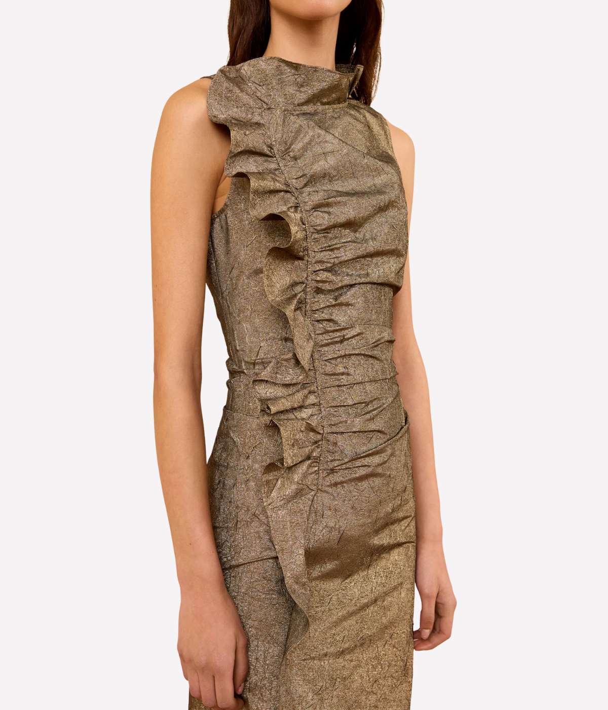 Ulla Johnson Demetria Sleeveless Taffeta Dress in Light Gold, close-up model view highlighting the high neckline, gathered shoulder and ruched front detailing.