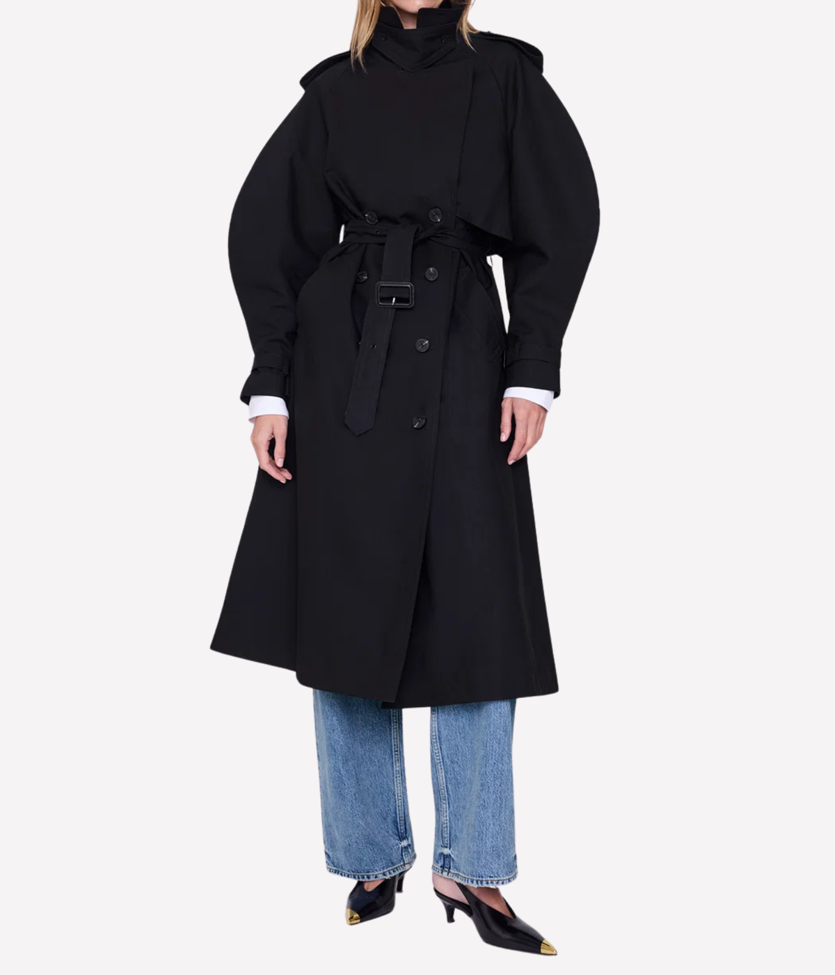 Anine Bing Pascale Maxi Trench in Black – front view on model, belted
