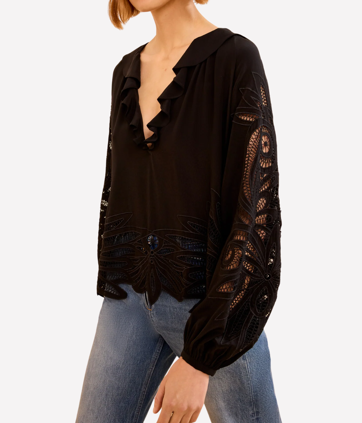 Adonis Long Sleeve Silk Applique Blouse In Noir
