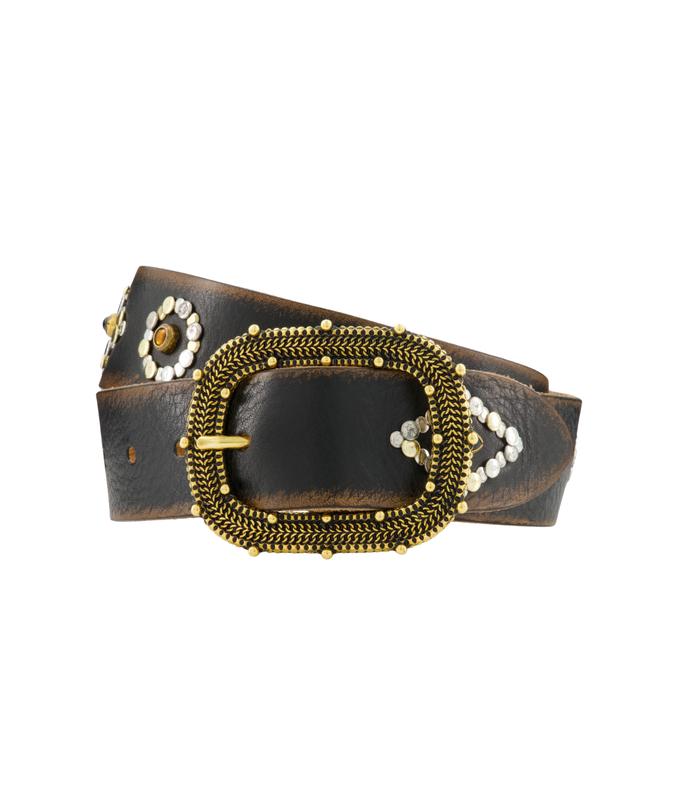 A dark brown leather belt featuring an ornate gold-tone braided buckle, gold studs, and white faux-stone floral embellishments on the strap, shown against a plain white background.