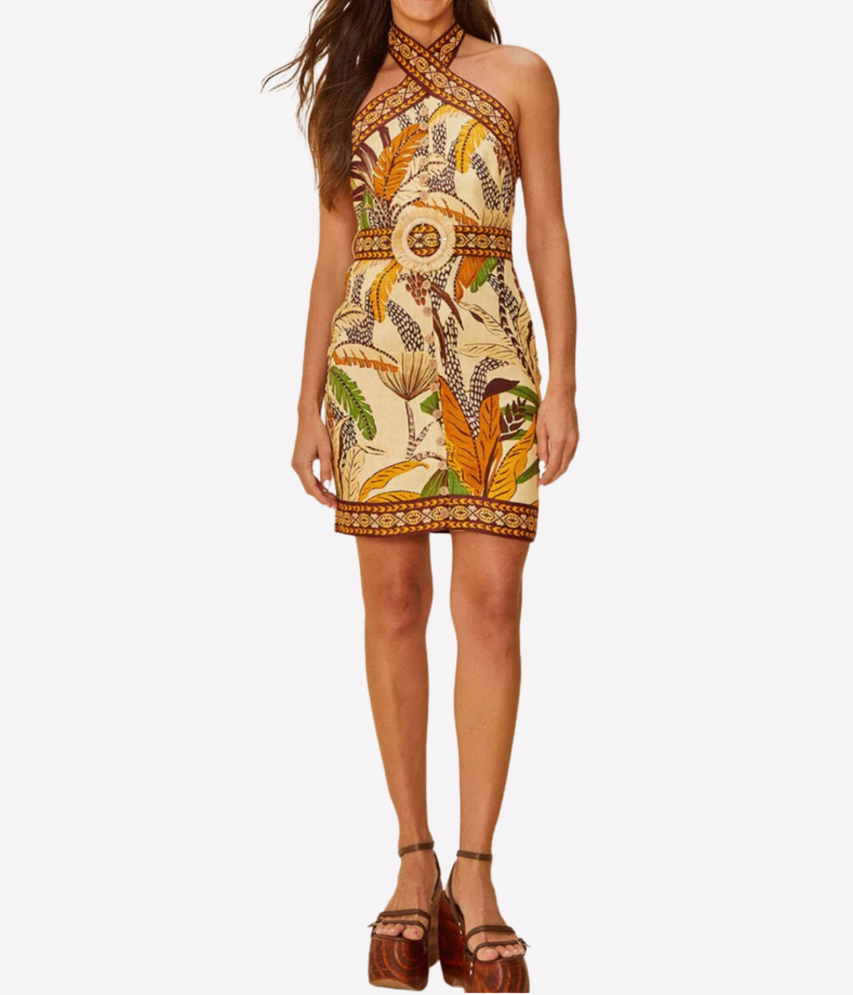 Foliage Halter Neck Dress in Sketch Sand