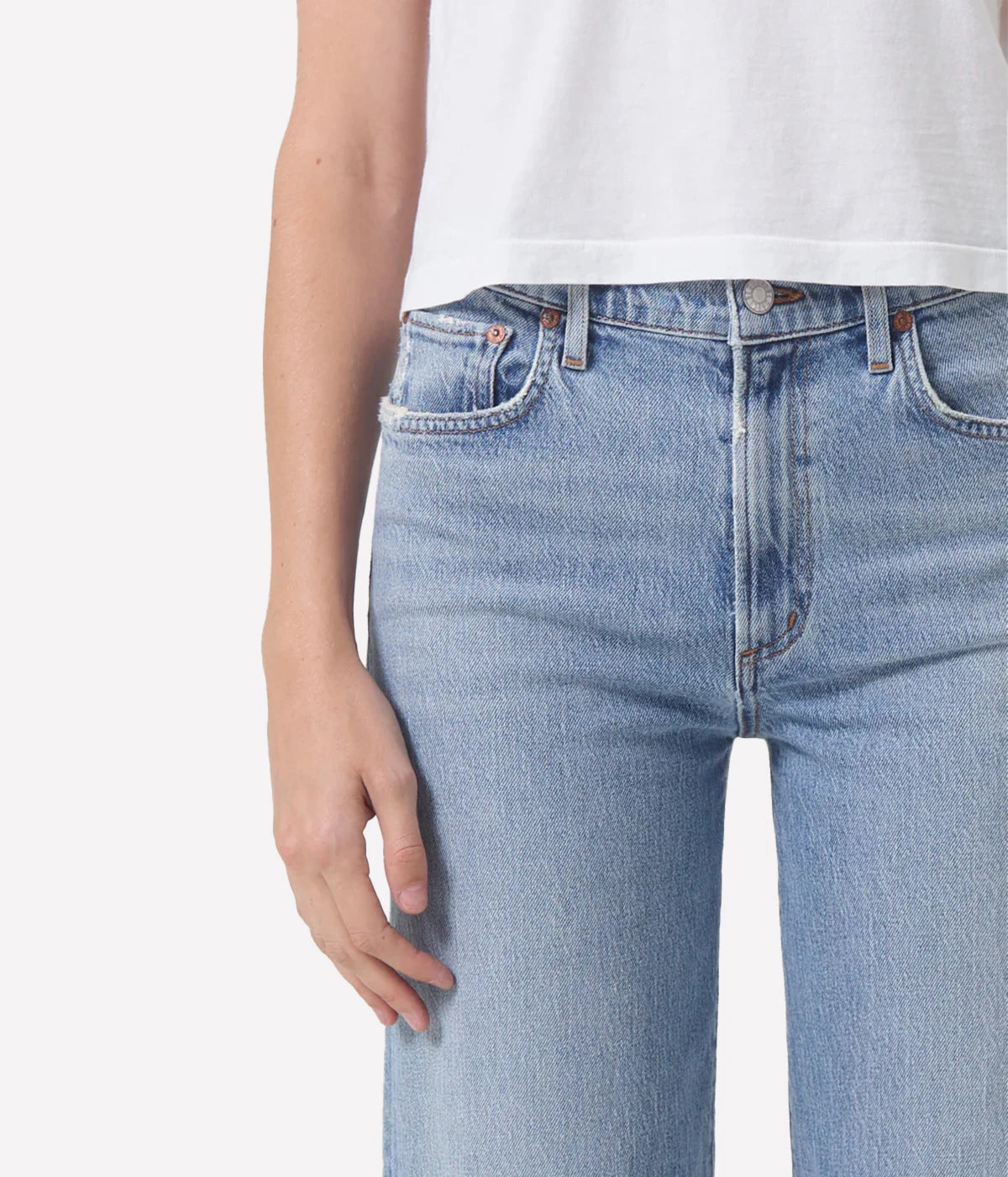 ALT Text: Relaxed mid-rise Harper Jean in light indigo with a cropped wide leg, subtle fading, and finished hems for a chic, casual style.
