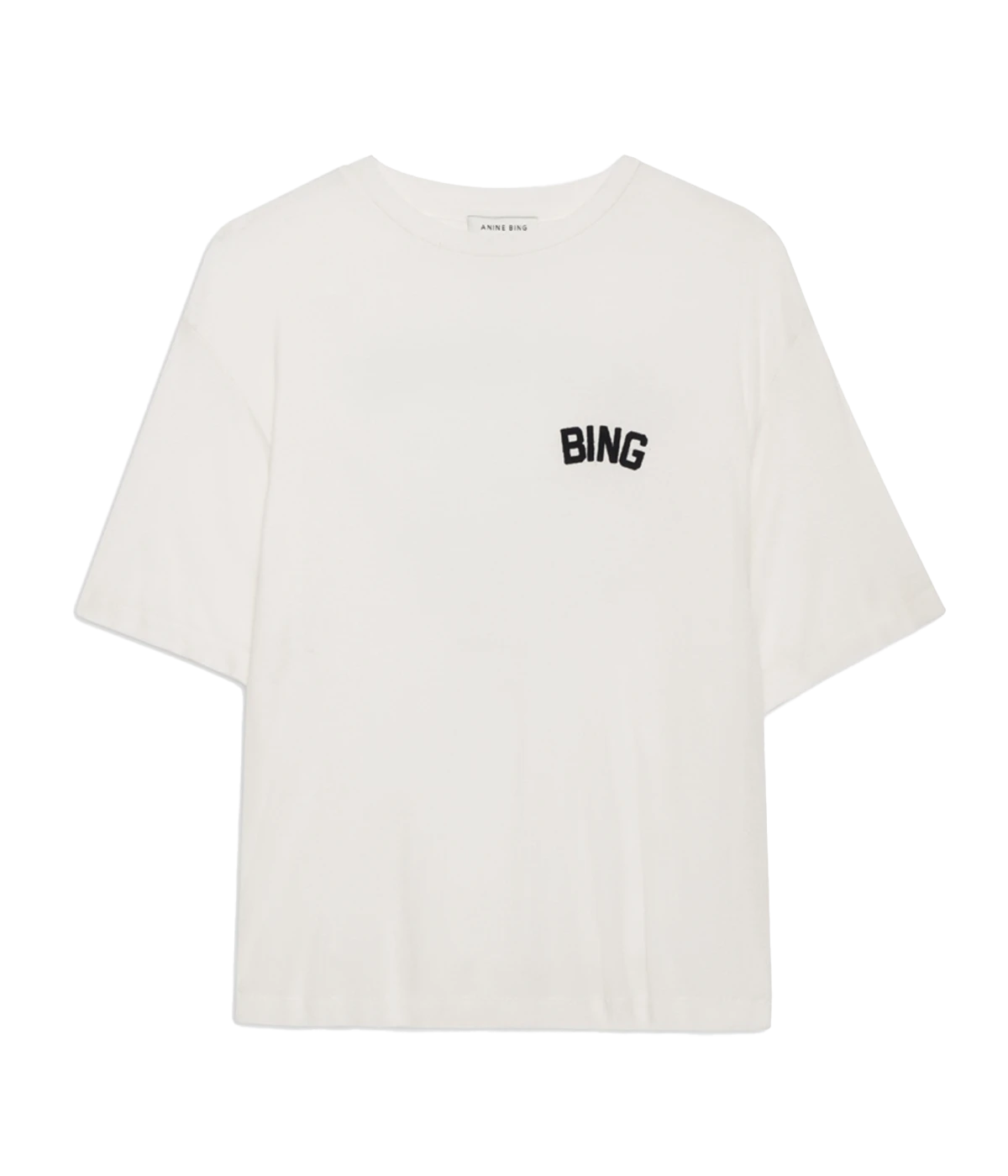 White boxy t-shirt by US designer Anine Bing with college print branding.