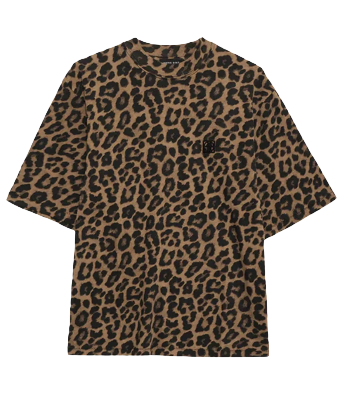 Boxy, oversized fit with a slightly longer body. All-over black and brown leopard print
