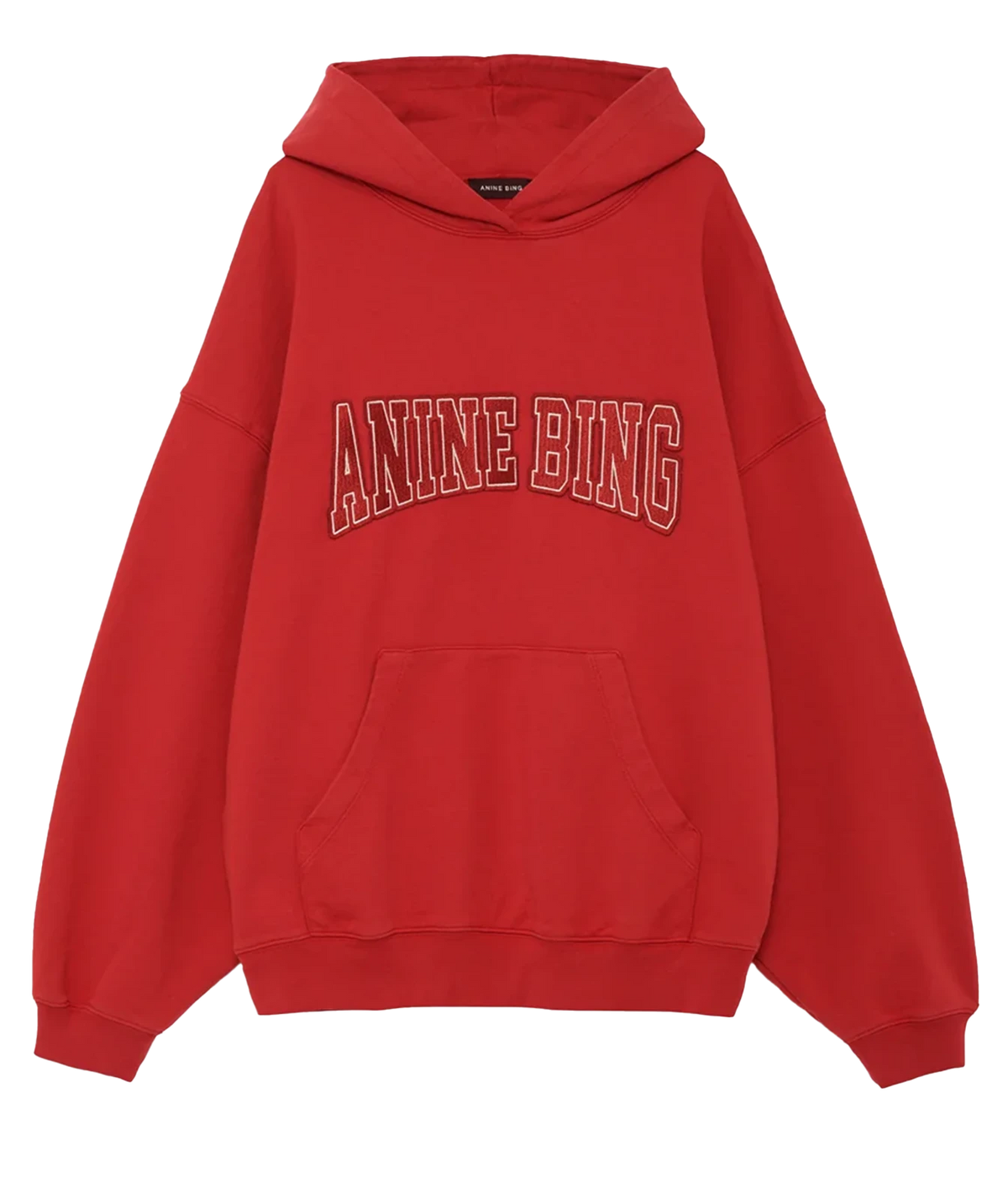 A red pullover hoodie with 'ANINE BING' printed in arched varsity-style letters across the chest, featuring a kangaroo pocket and ribbed cuffs and hem, shown on a plain white background.