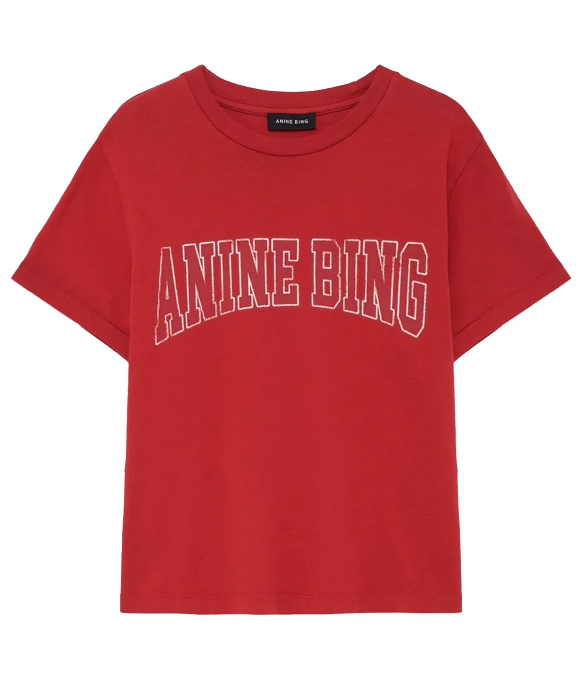 A red short-sleeve crewneck t-shirt featuring the text 'ANINE BING' printed in white arched block letters across the chest, shown against a plain white background.