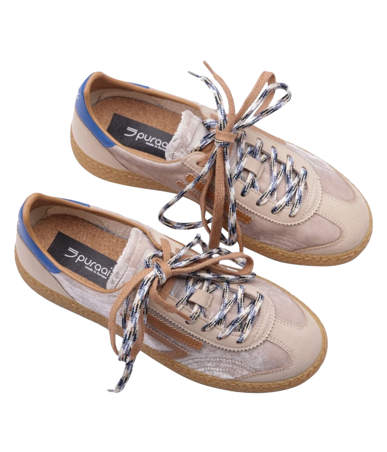 A pair of Puradoi low-top sneakers in beige suede and mesh, featuring brown laces with silver reflective threads, a blue heel accent, and a brown jute sole, shown on a white background.