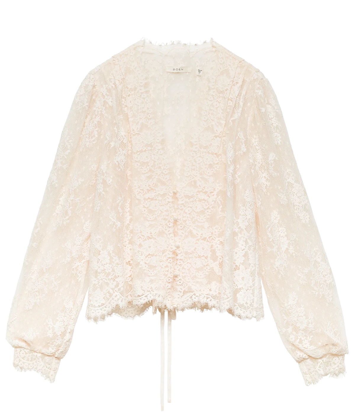 DÔEN Amaline Top In Candlelight laid flat, showing the cream lace V-neck, long sleeves with gathered cuffs, scalloped edges and drawstring tie at the hem