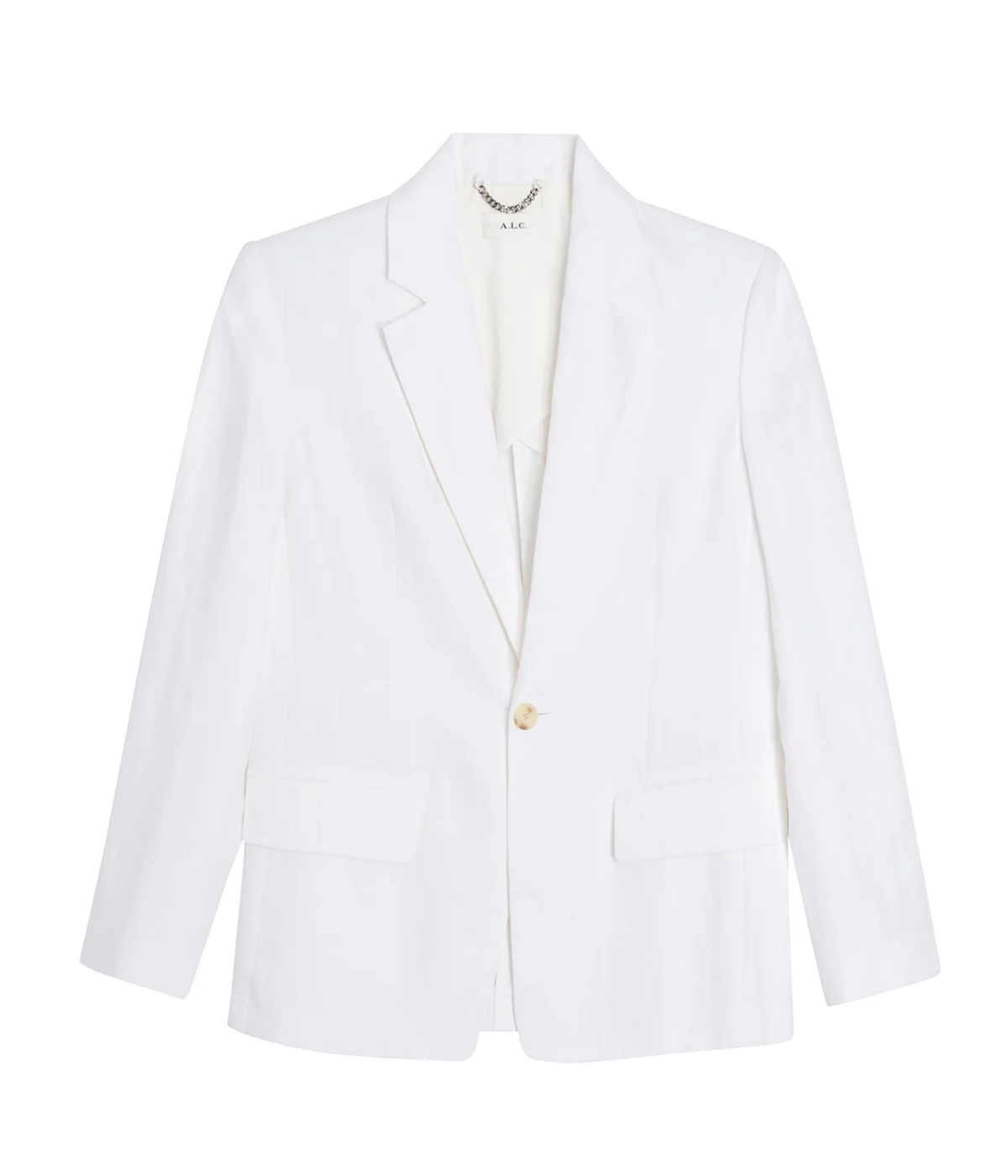 ALT text: Cream linen blazer with pointed lapel, single-button closure, and flap pockets.