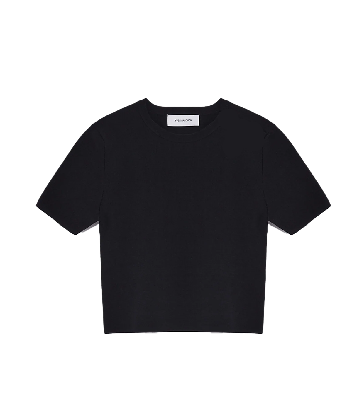 ALT text: Yves Salomon Collection white t-shirt with shoulder detail and round neck.