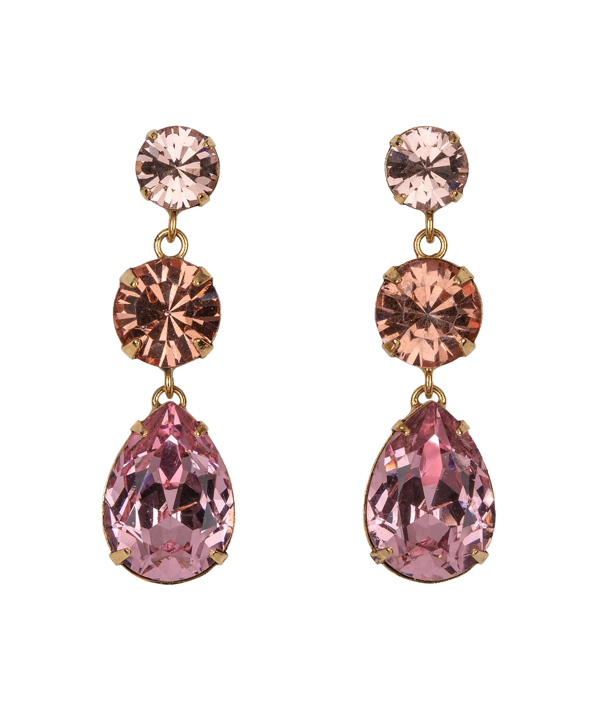 A statement drop earring, fetauring three rose coloured crystals and gold hardware. Statement jewelry, comfortable, party earrings, special occasion jewelry.