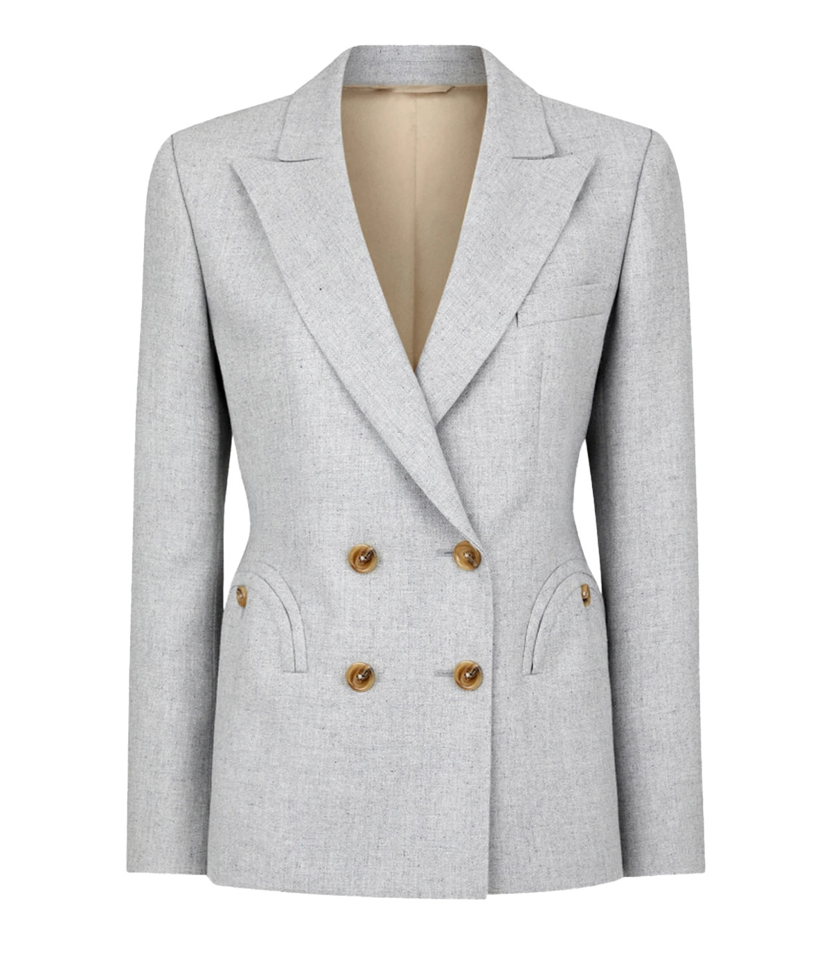 Double breasted peak lapel jacket by blazé Milano cut from Wool & Silk. Fitted cut, perfect for petite frames