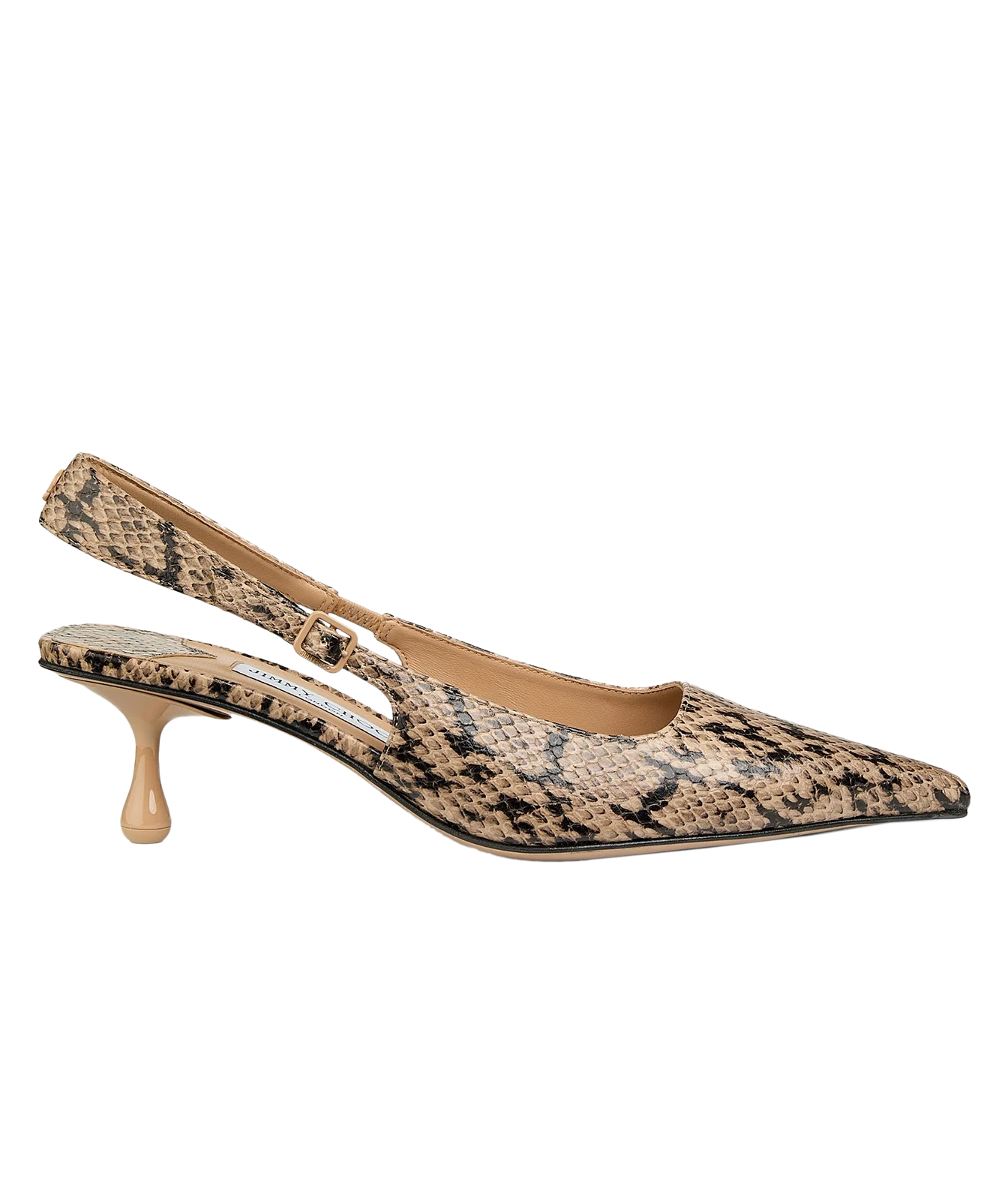 A single women's slingback pump with a pointed toe and a low kitten heel, featuring a beige and black snakeskin pattern. The shoe is shown in a side profile against a solid white background.