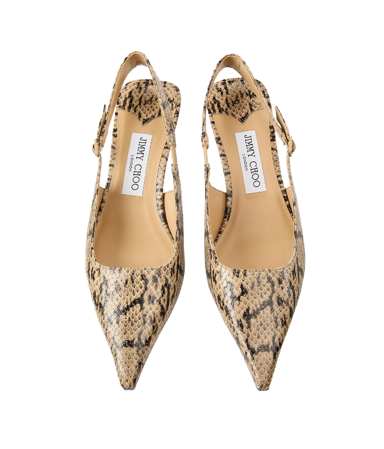 A pair of Jimmy Choo pointed slingback pumps featuring a beige and brown snakeskin pattern, shown against a plain white background.