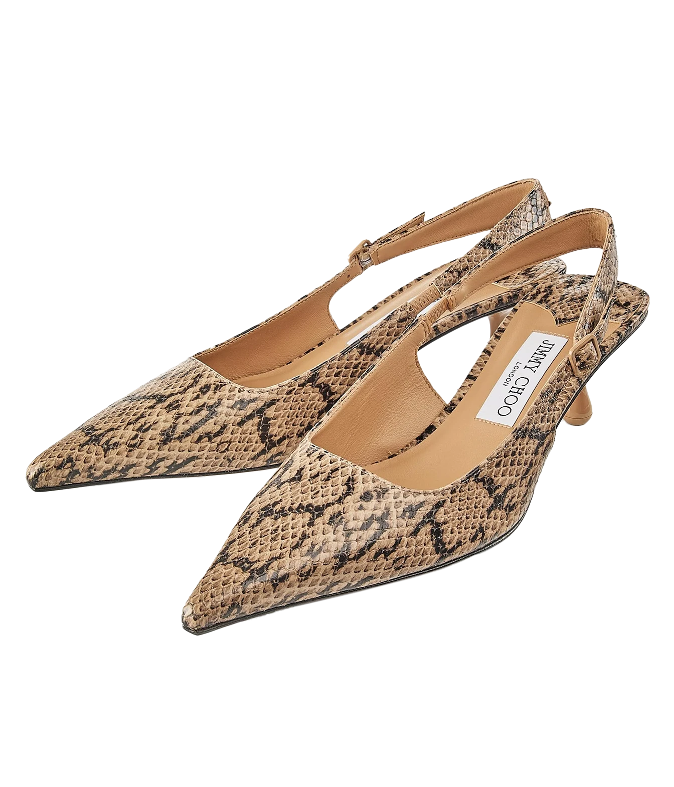 A pair of pointed-toe slingback pumps with a beige and brown snakeskin pattern, shown on a clean white background. The brand name 'JIMMY CROSO' is visible on the insole.