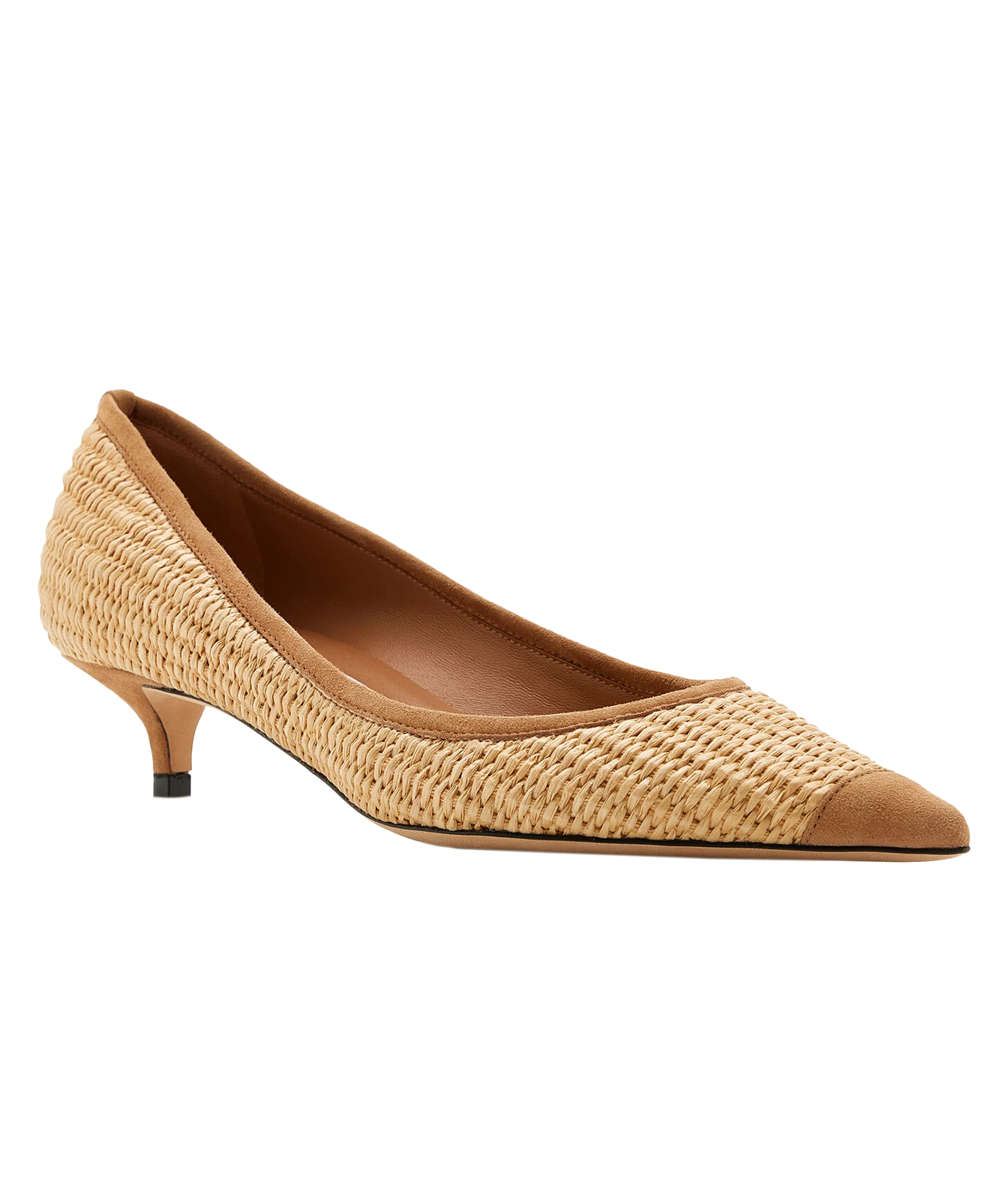 A single women's pointed-toe pump shoe with a woven straw-like upper, tan suede toe cap, and a low kitten heel, shown on a plain white background.