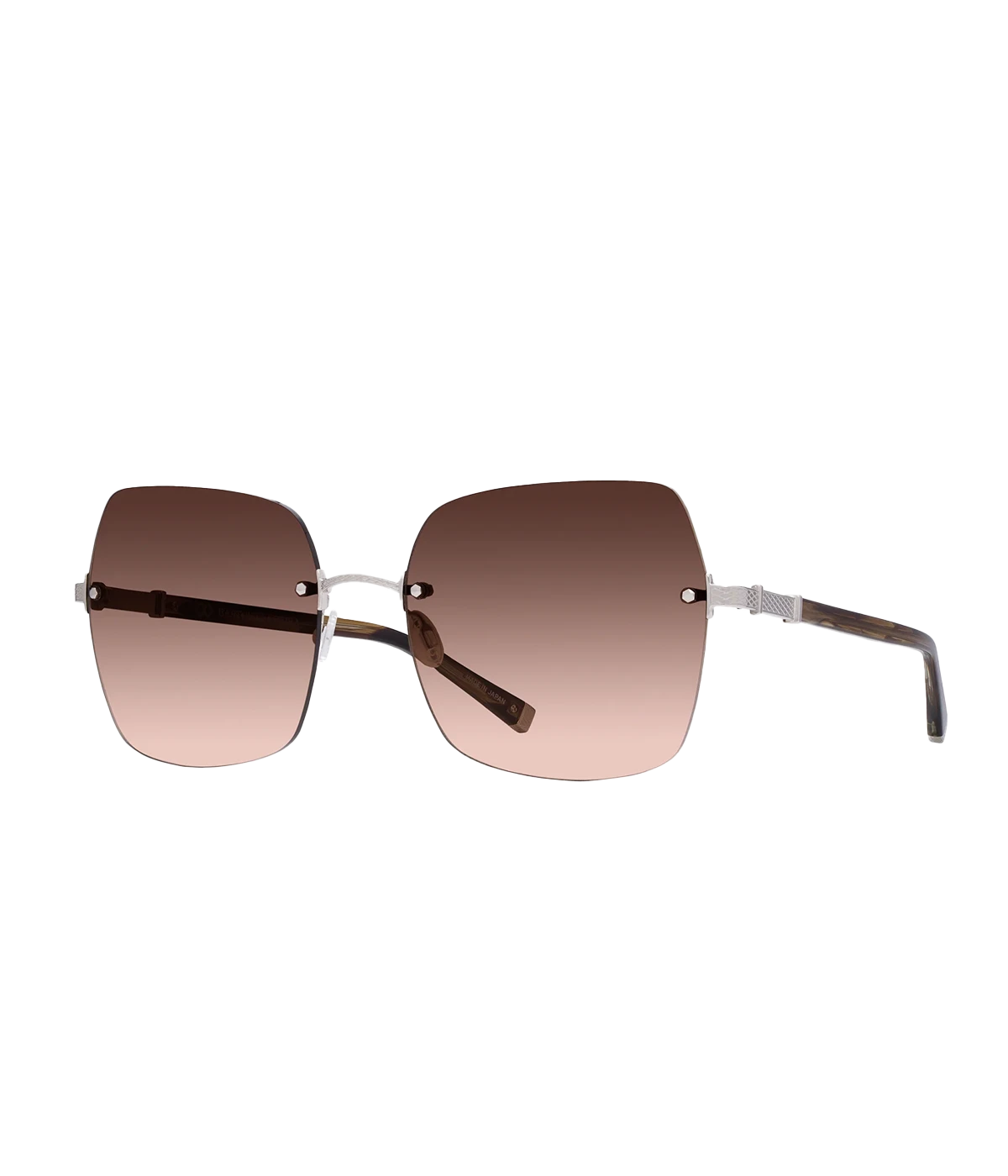 ALT text: Butterfly silhouette sunglasses with 24KT gold-plated filigree detailing, titanium Zyl frame, and anti-reflective nylon lenses.