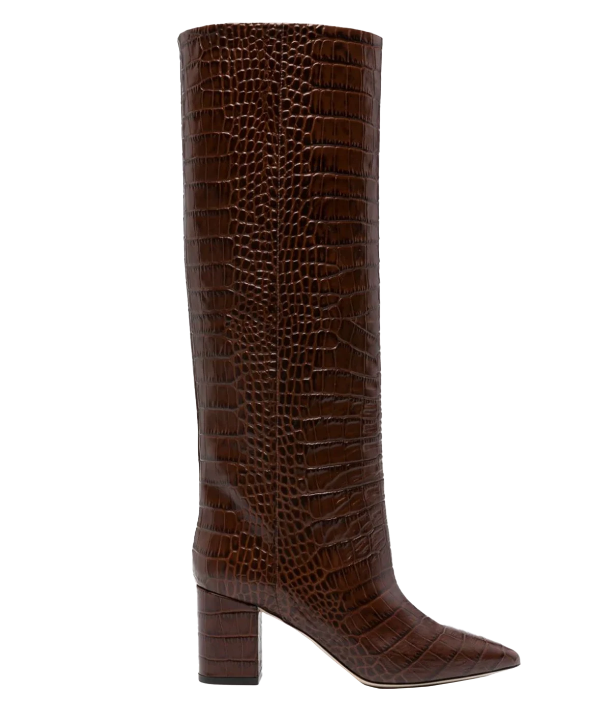 Knee-high croc-embossed leather boots in a rich brown tone, styled with a midi dress and trench coat for an elegant winter look.