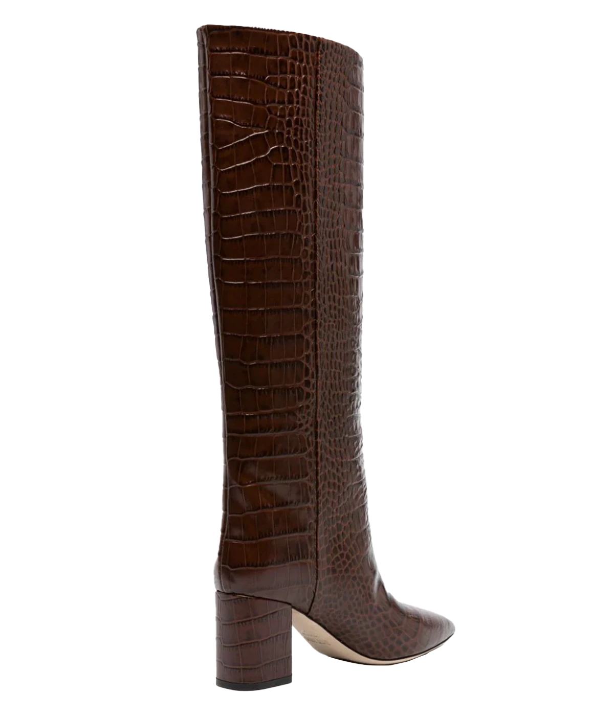 Knee-high croc-embossed leather boots in a rich brown tone, styled with a midi dress and trench coat for an elegant winter look.