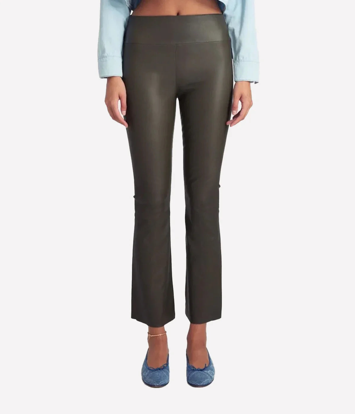 Crop Flare Leather Legging in Moss
