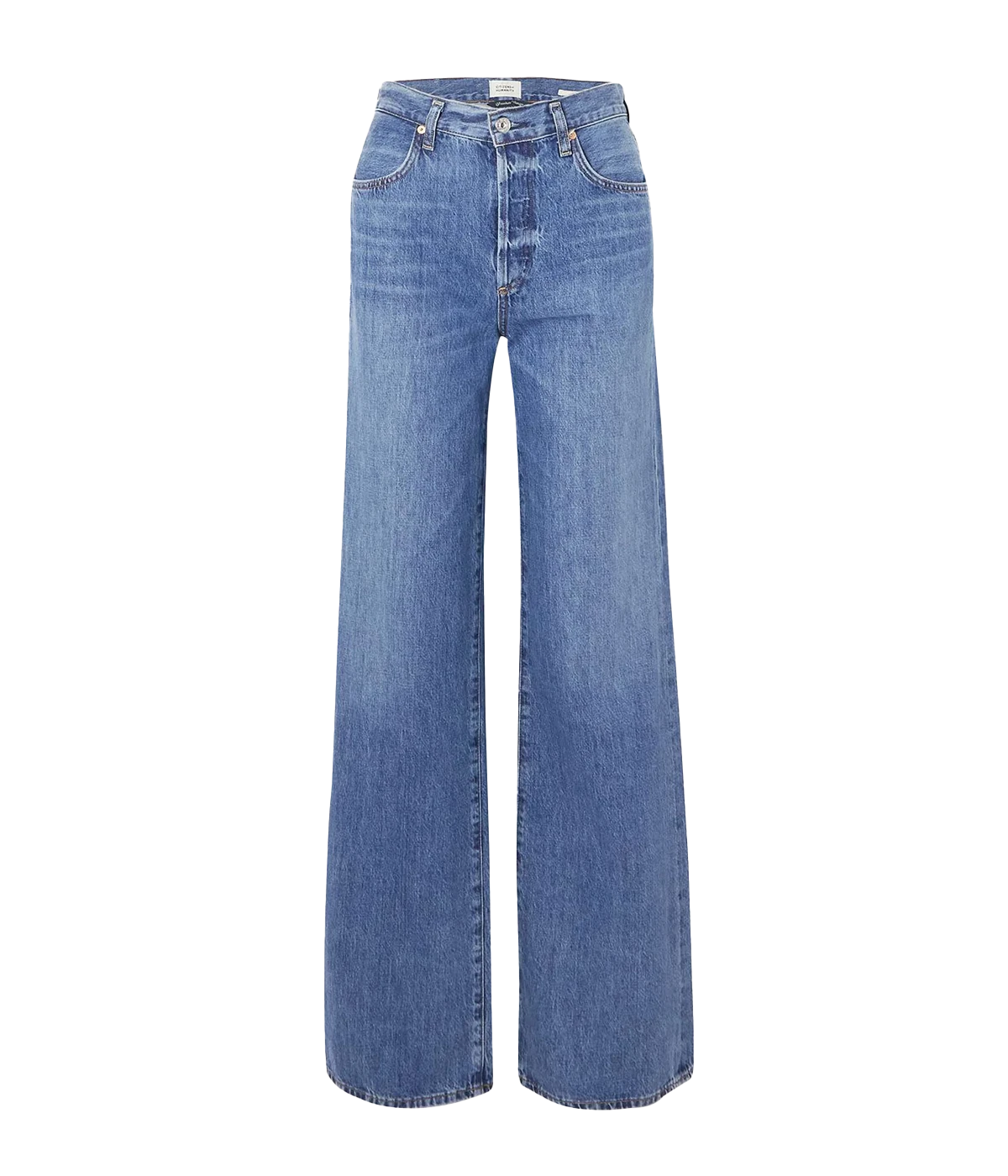 An everyday medium wash wide leg denim, rigid denim, high waist, wide leg, clean hem, zip and button fly, made in USA, everyday jean, lunch with girlfriends, elevated jean. 