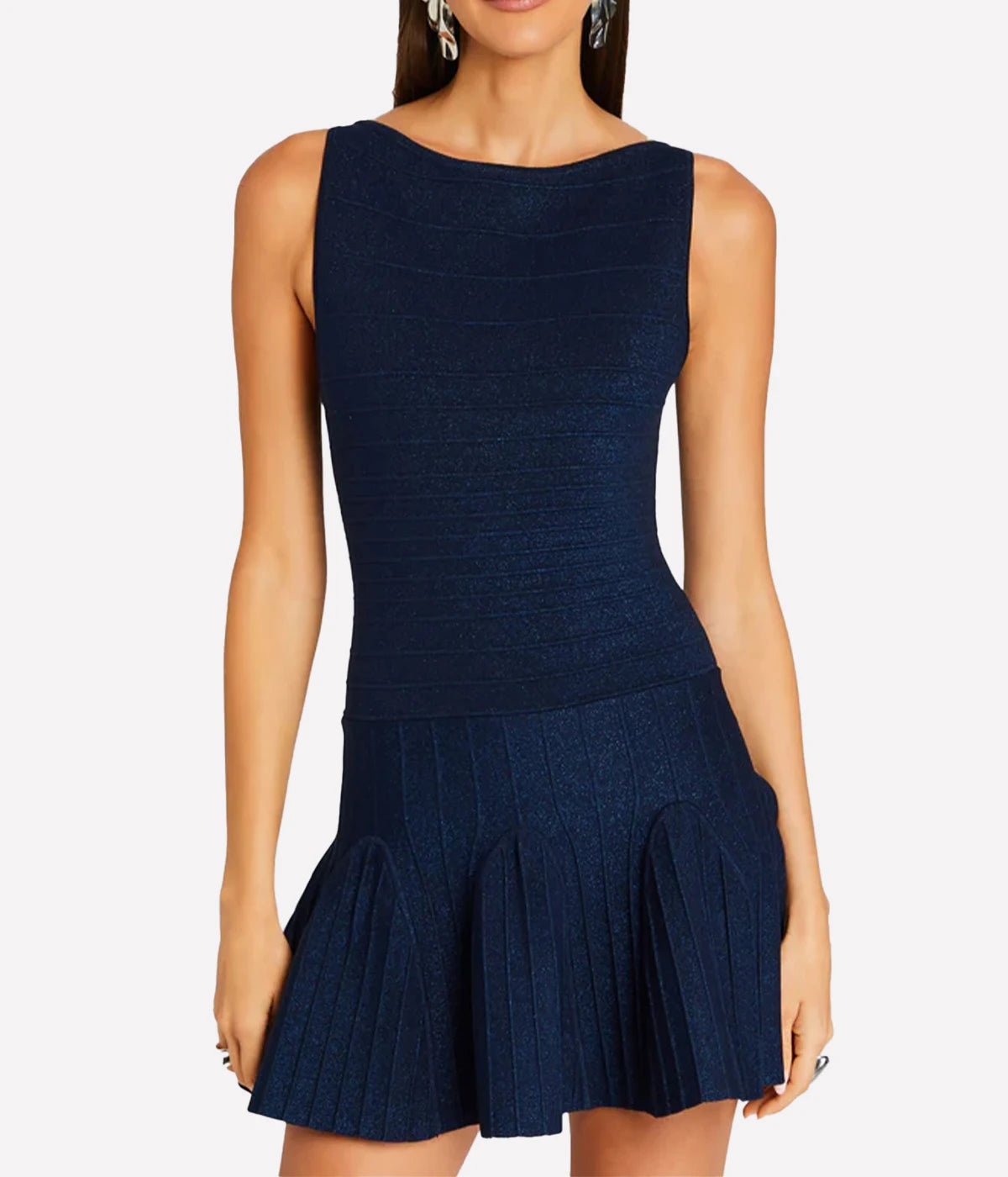 A sleeveless navy fit-and-flare knit dress with a metallic finish, styled for an elegant evening look.