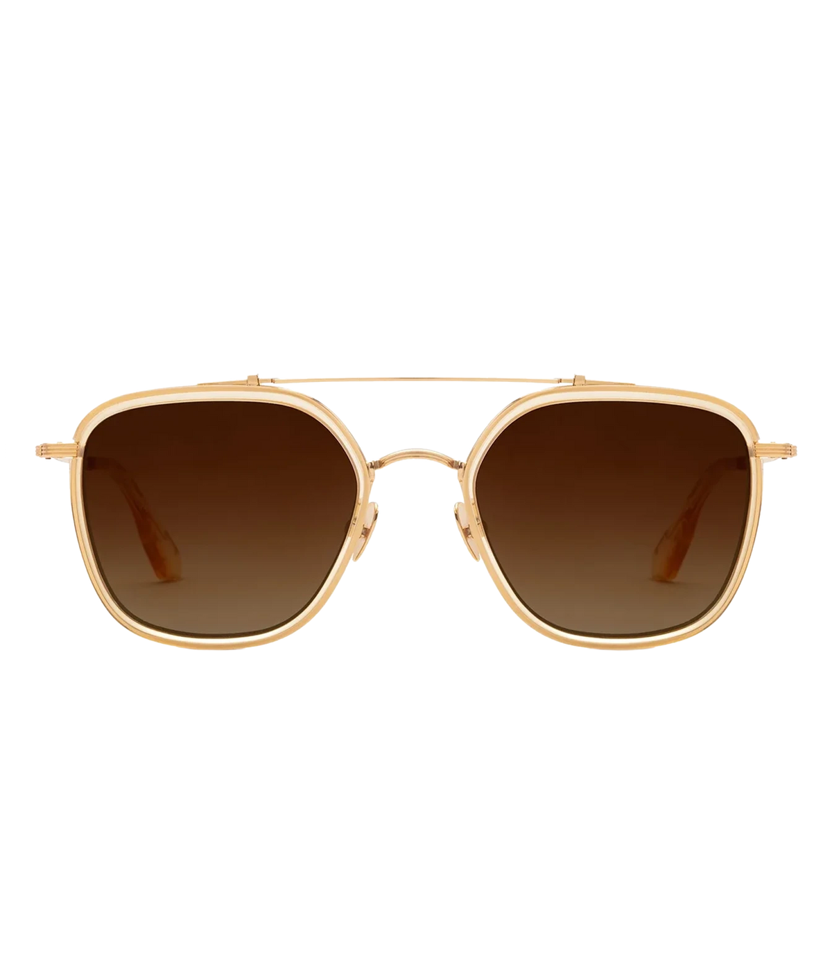 Front view of the KREWE Austin Sunglasses in 18K Titanium Champagne, showing the champagne acetate rims, gold brow bar and brown gradient lenses