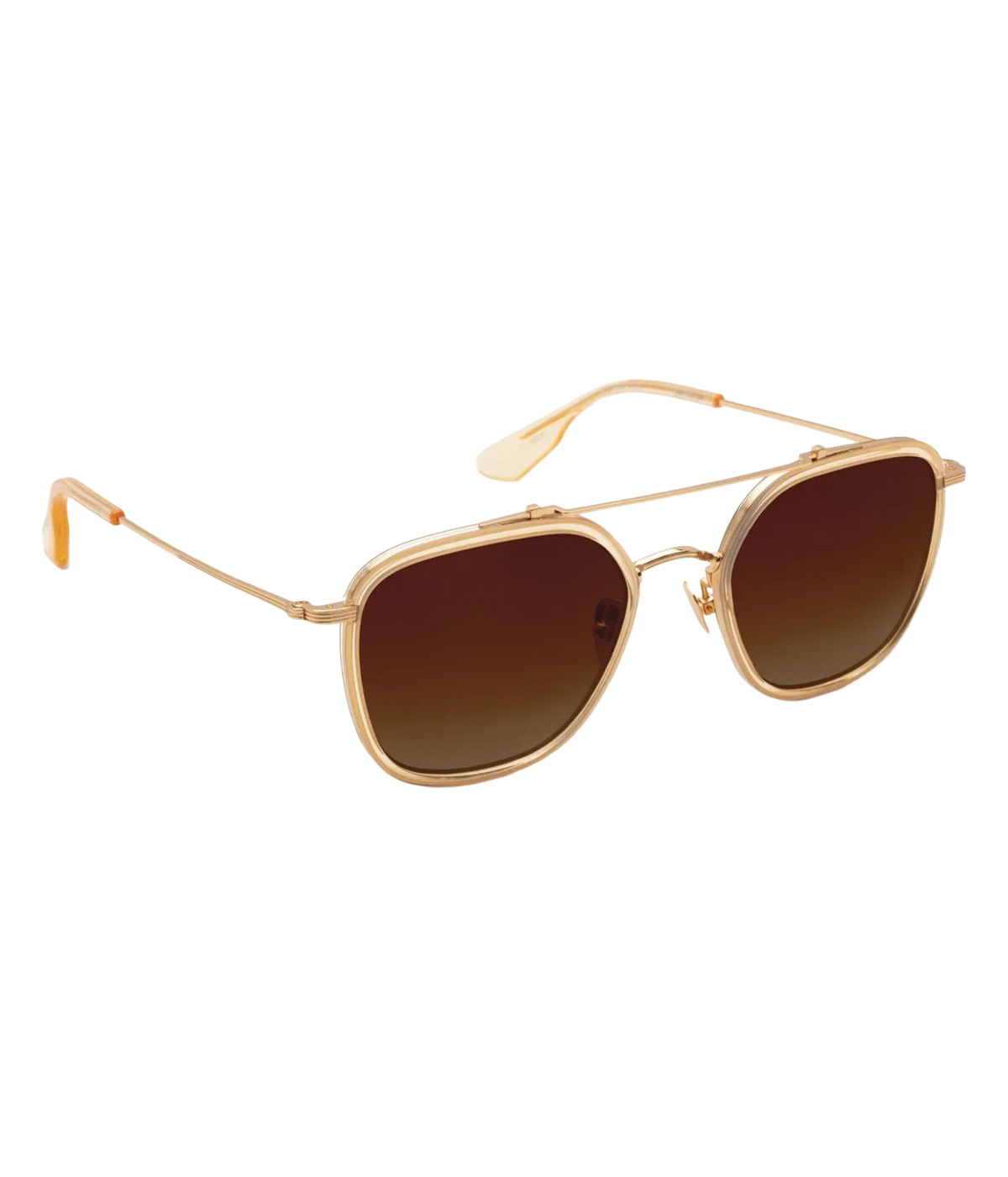 Three-quarter view of the KREWE Austin Sunglasses in 18K Titanium Champagne, showing the gold brow bar and slim temples