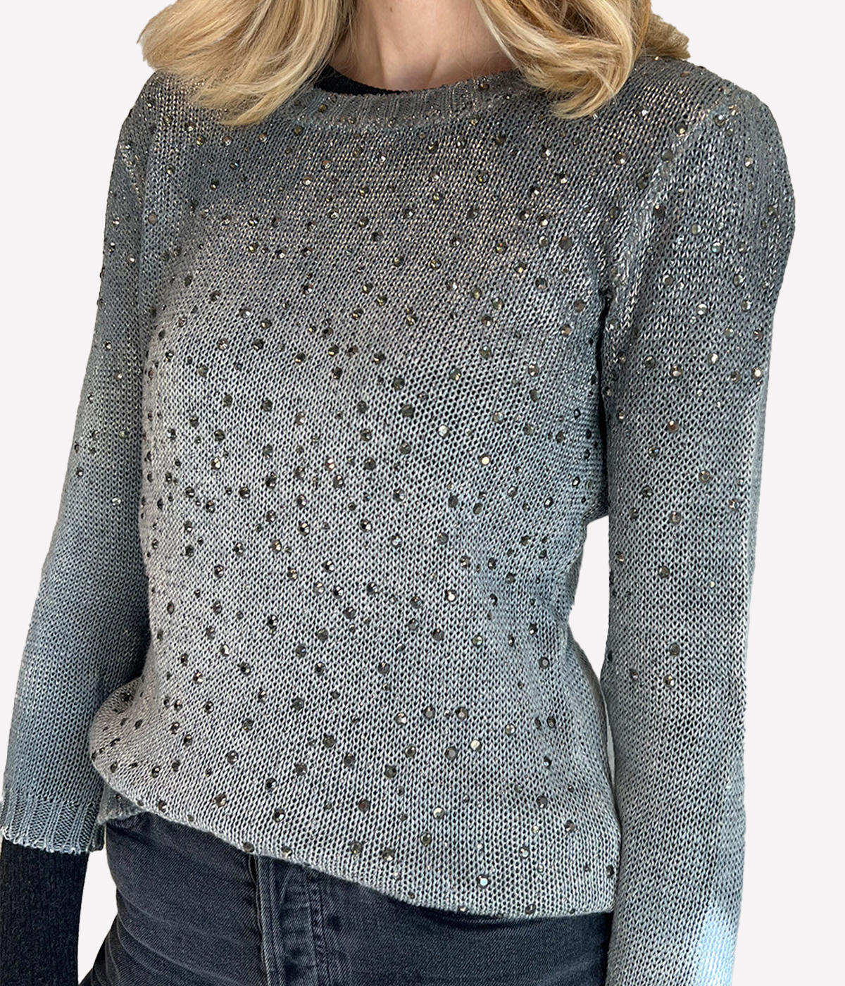 *FINAL SALE* Linen Round Neck Pullover w Studs in Ghiaccio
