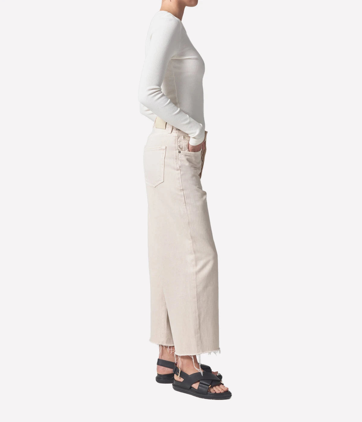 Ayla Raw Hem Jean in Almondette by Citizen of Humanity, featuring a relaxed vintage-inspired fit with a raw hem finish and a soft, neutral hue for versatile styling.