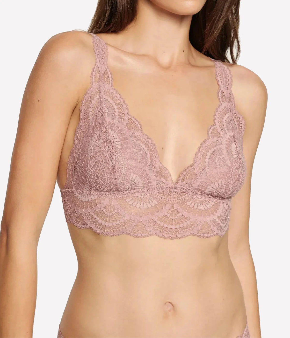 Close front view of a model wearing the Eberjey Mariana Bralette in Woodrose, showing the triangle cups, scalloped lace and wide lace underband