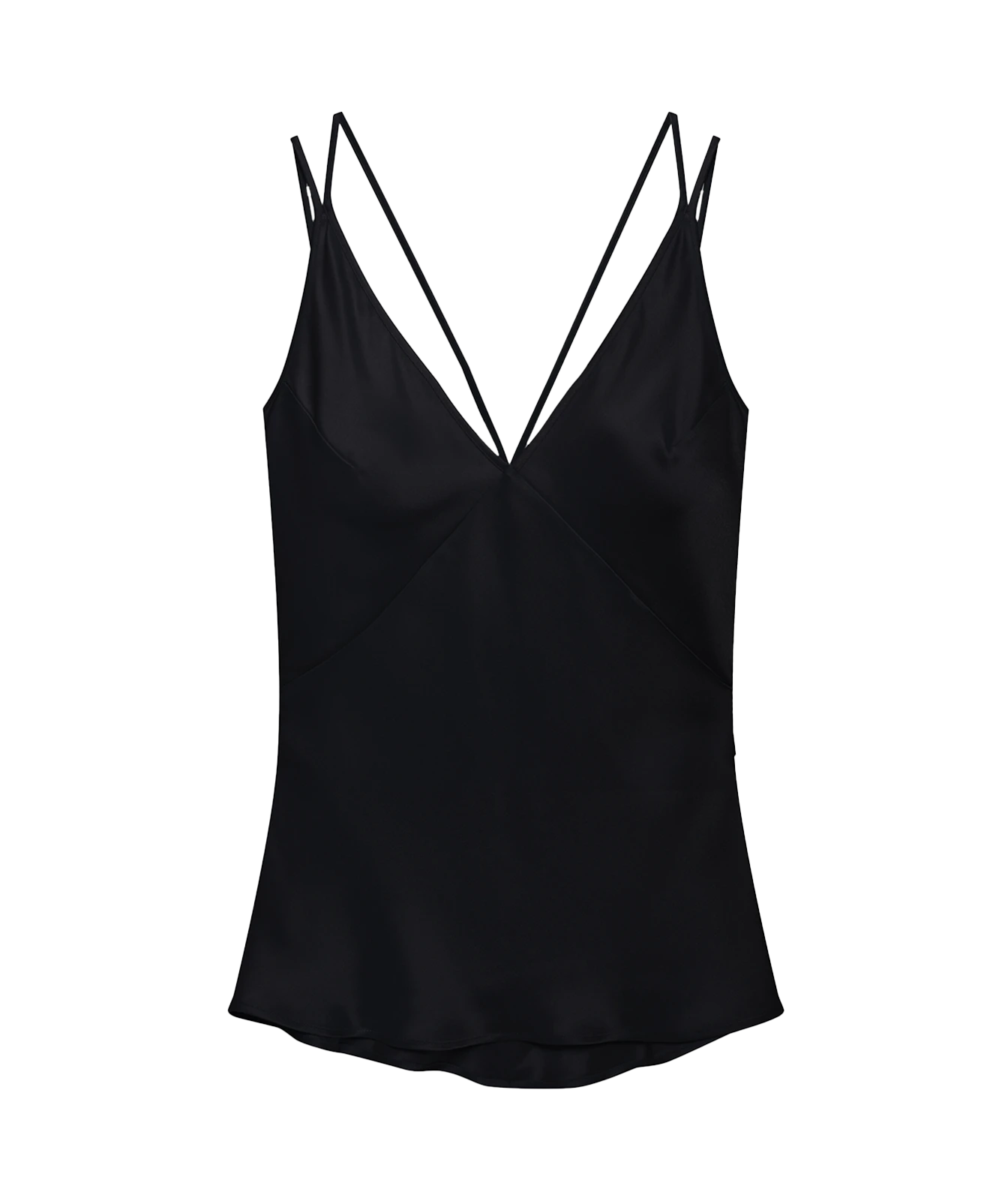 A black satin camisole top with thin double spaghetti straps and a V-neckline, displayed on a clean white background.