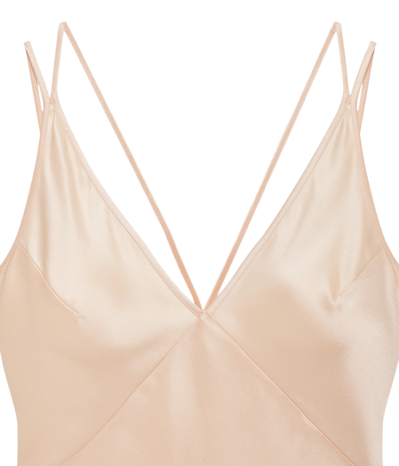 Close-up of a light beige satin camisole top with thin double spaghetti straps and a V-neckline, shown against a plain white background.