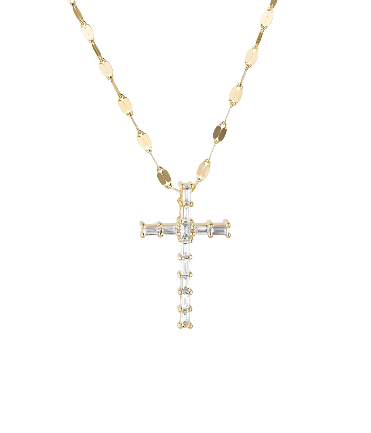 LANA Baguette Cut Diamond Cross Pendant Necklace in Yellow Gold laid flat, with a larger baguette diamond cross on a flat-link gold chain