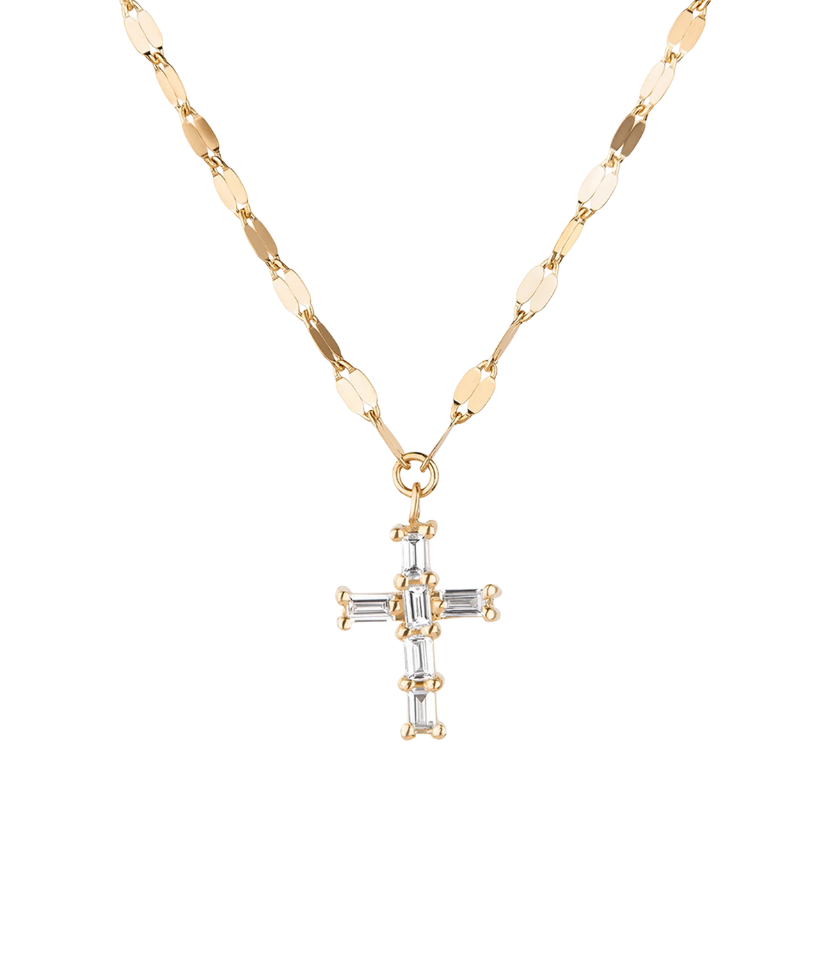 LANA Baguette Cut Diamond Mini Cross Pendant Necklace in Yellow Gold laid flat, with a small baguette diamond cross on a flat-link gold chain