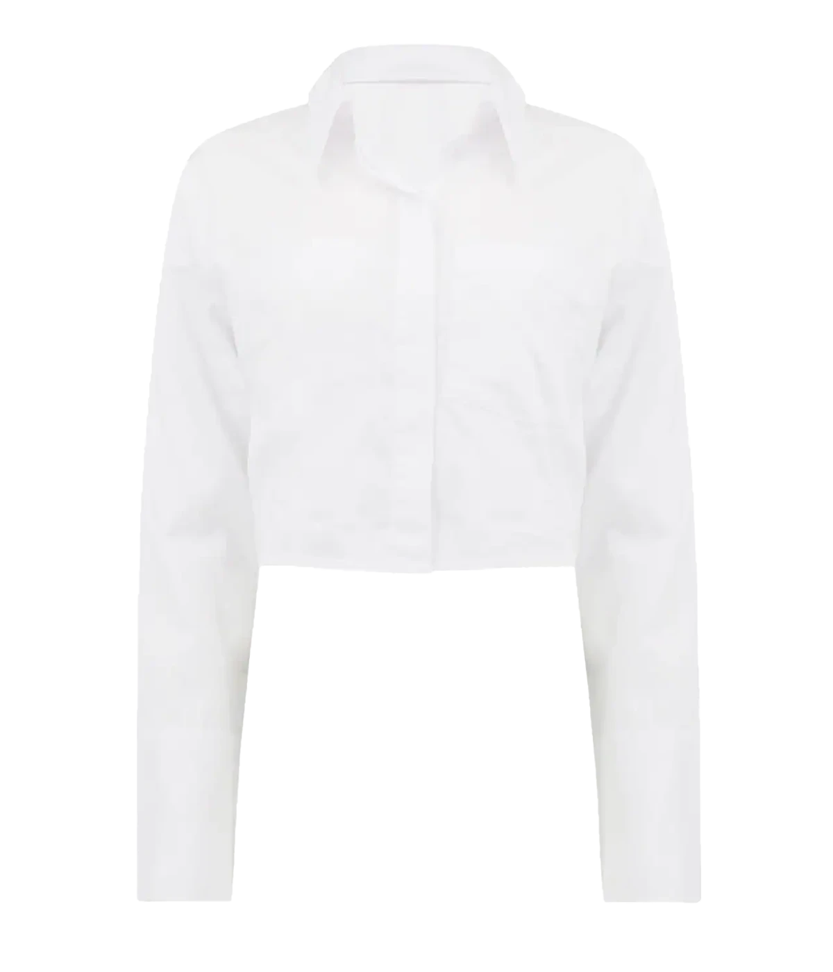 A elevated trendy basic 100% white cotton shirt, in a cropped style, collar detail, long sleeve and button front closure. 100% cotton, bra friendly, made in USA,.
