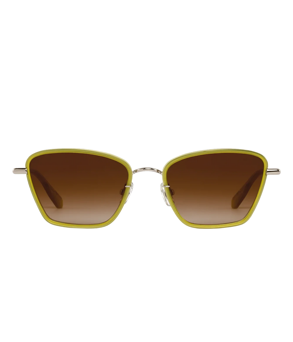 Front view of the KREWE Bella Sunglasses in Silver Chartreuse, showing the chartreuse acetate rims, silver bridge and brown gradient lenses